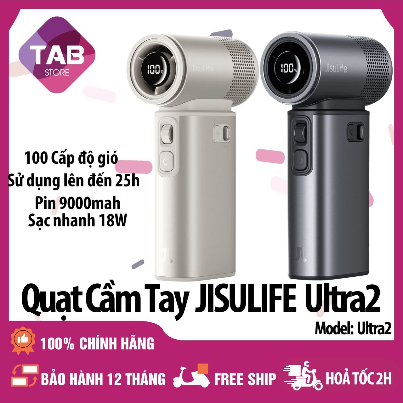 Quạt Cầm Tay Jisulife Ultra2 9000mAh, 100 Tốc Độ Gió, 25 giờ – Bảo Hành 12 Tháng