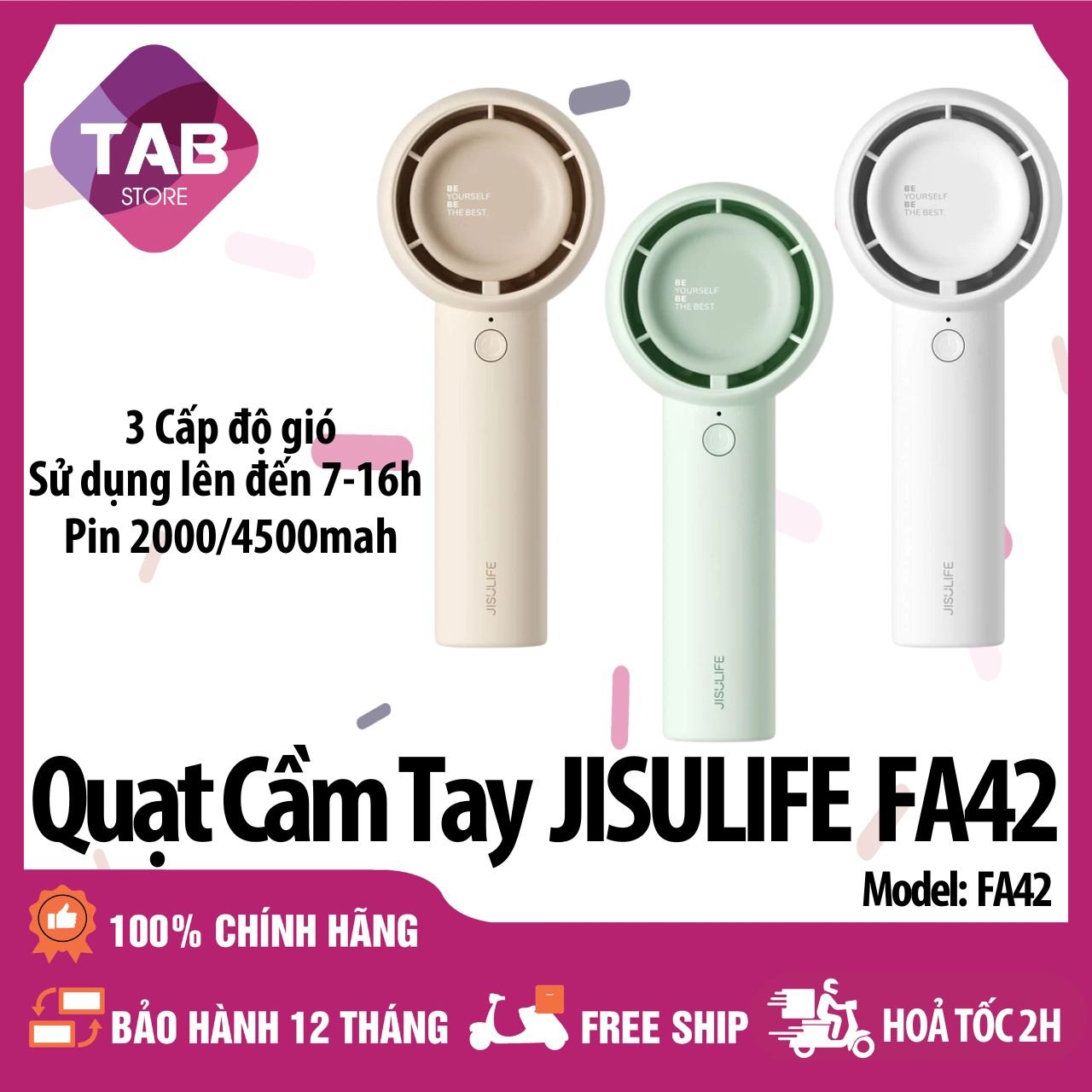 Quạt Cầm Tay Jisulife FA42 2000/4500mAh, 3 Tốc Độ Gió, 7-16H - Bảo Hành 12 Tháng