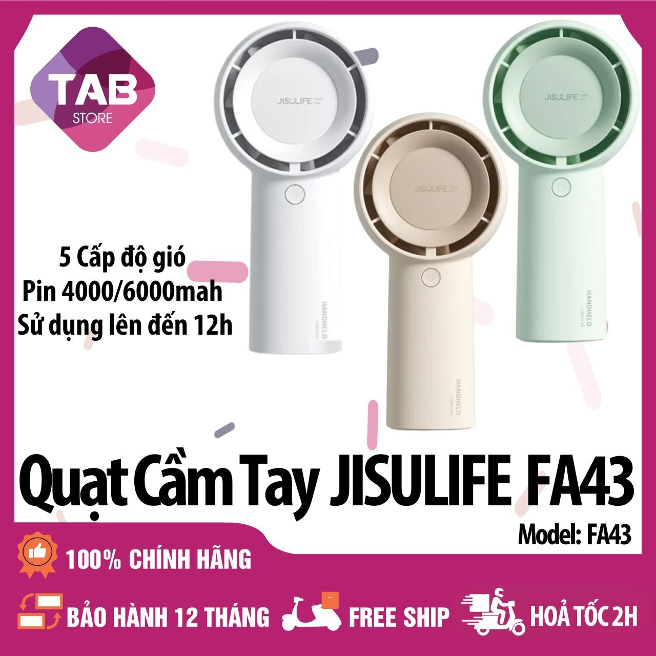 Quạt Cầm Tay Jisulife FA43 4000/6000mAh, 5 Tốc Độ Gió, 12H - Bảo Hành 12 Tháng