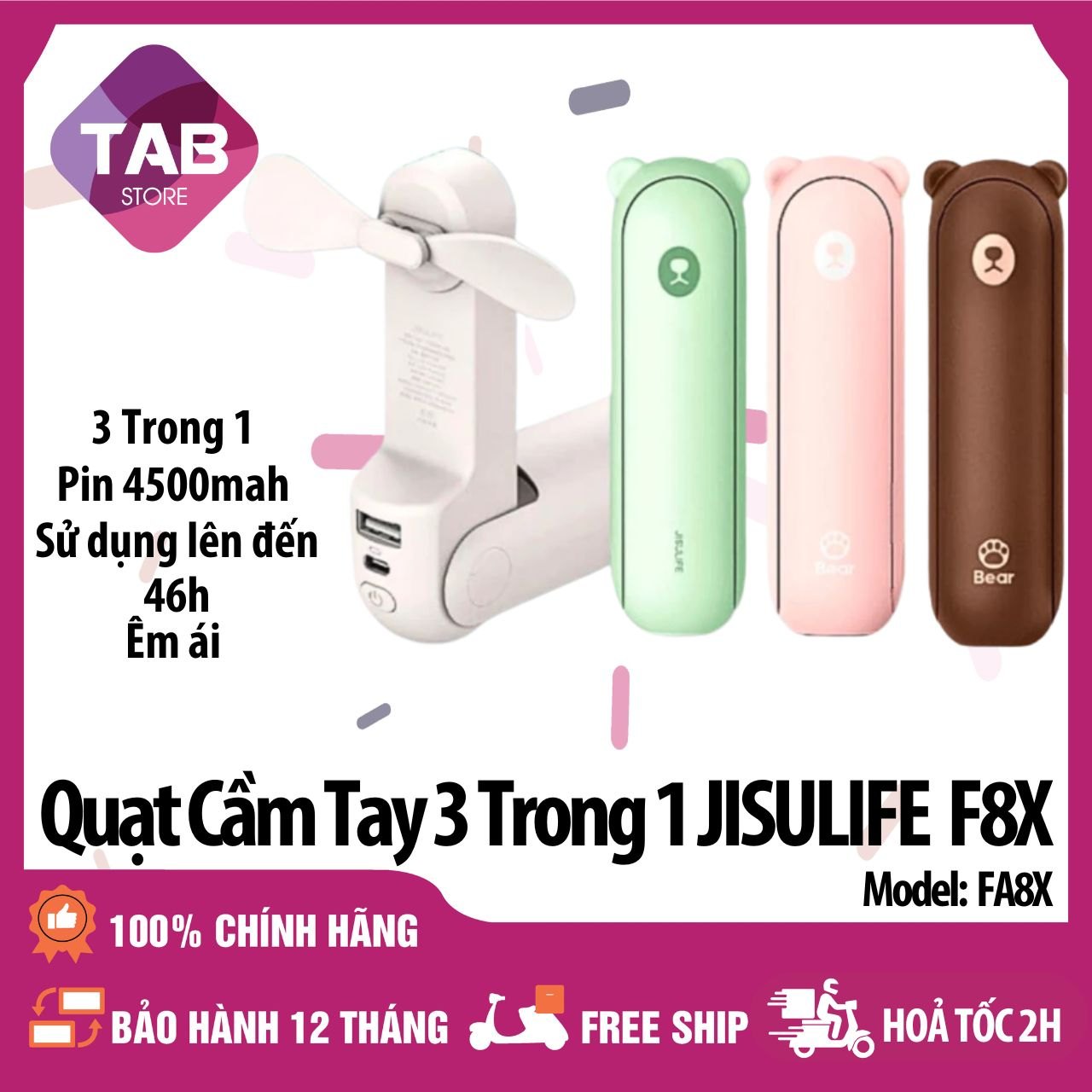 Quạt Cầm Tay Jisulife F8X 3 Trong 1 4500mAh, 3 Tốc Độ Gió, 13-46H - Bảo Hành 12 Tháng