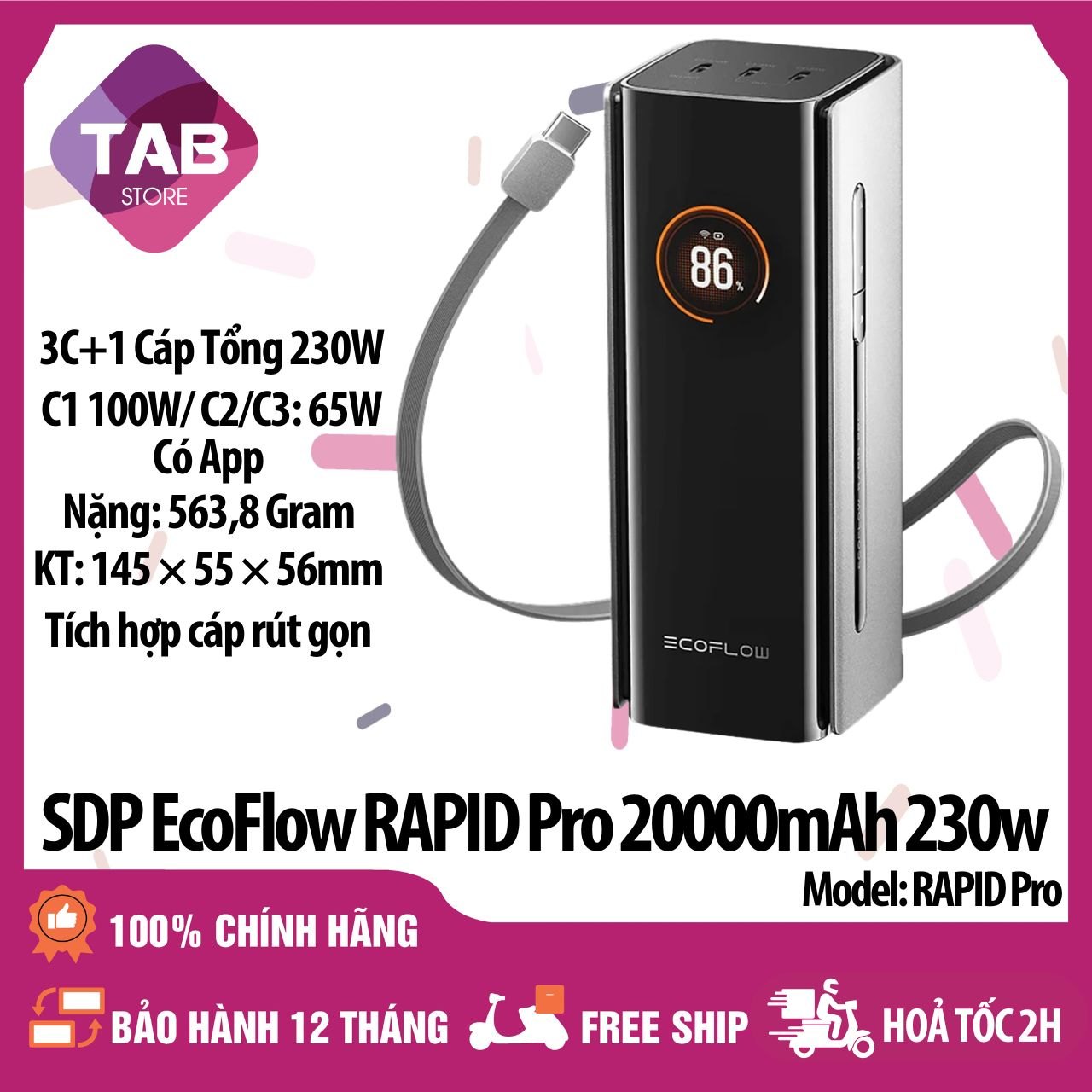 SDP EcoFlow RAPID Pro 20.000mAh, 3C+Cáp Tổng 230W, Có Cáp Tích Hợp - Bảo Hành 12 Tháng