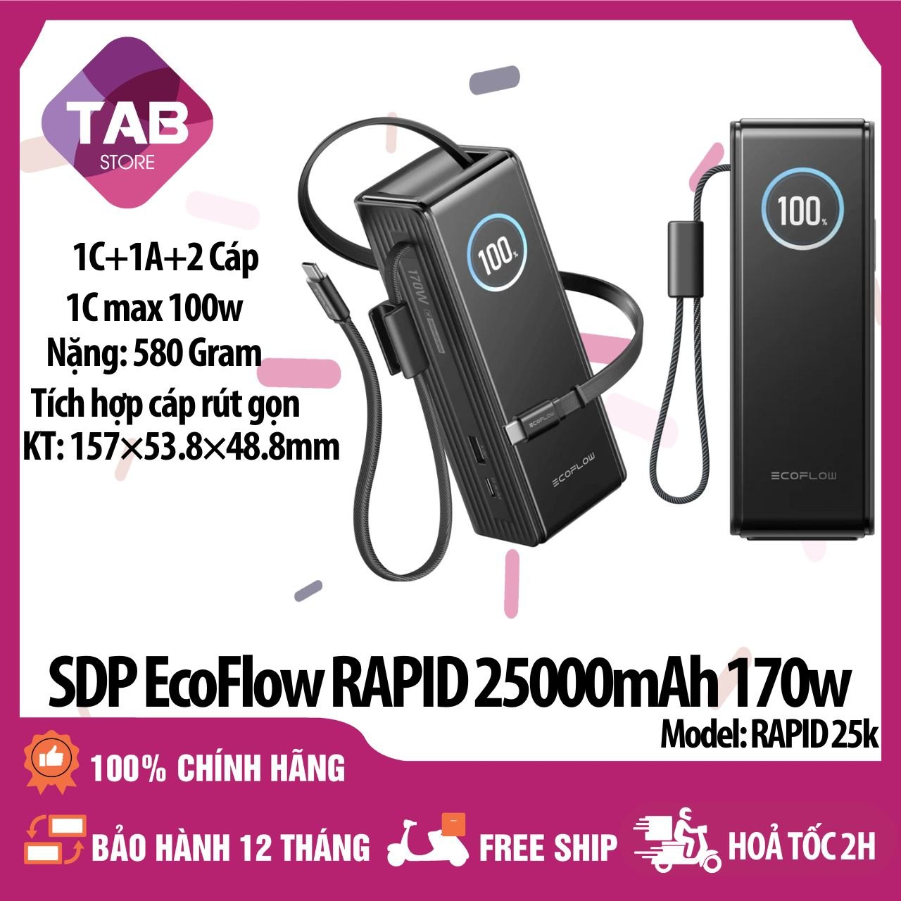 SDP EcoFlow RAPID 25000mAh, 1C+1A+2Cáp Tổng 170W, Có Cáp Tích Hợp - Bảo Hành 12 Tháng