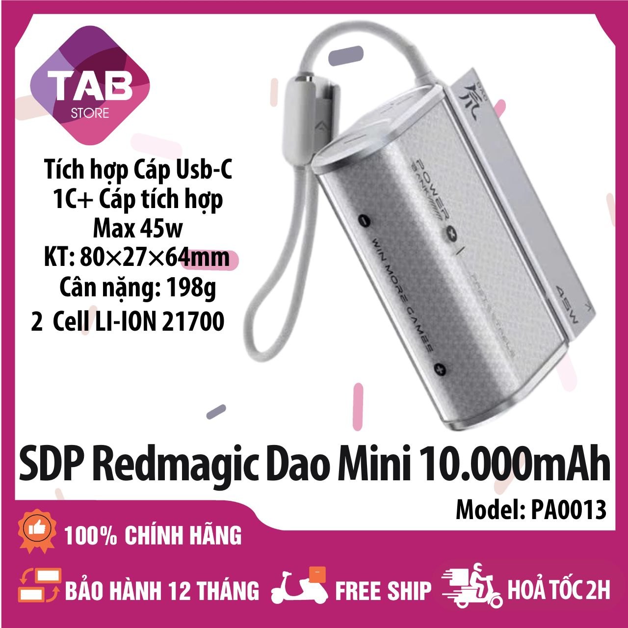 SDP Redmagic DAO Mini 10000mAh 2C 45w PD3.0/PPS/QC3.0 PA0013 - Bảo Hành 12 Tháng - Bạc