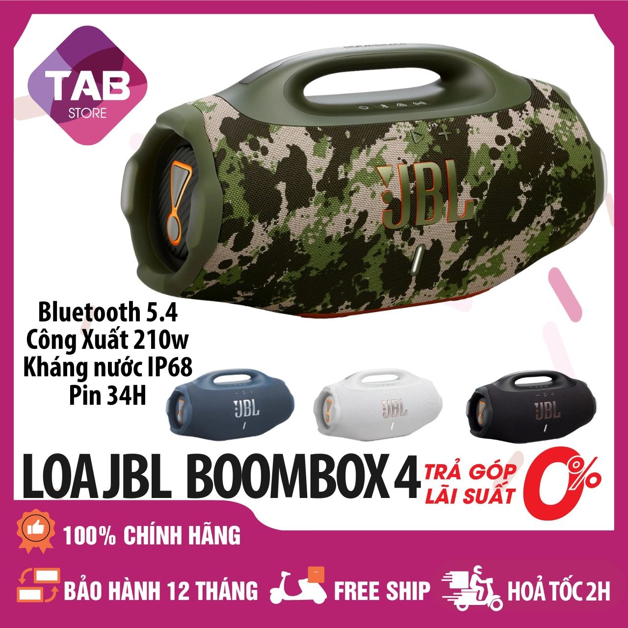 Loa JBL Boombox 4 Công Suất 210W, Pin 34H, AI Sound Boost, IP68 Chính Hãng - Bảo Hành 12 Tháng