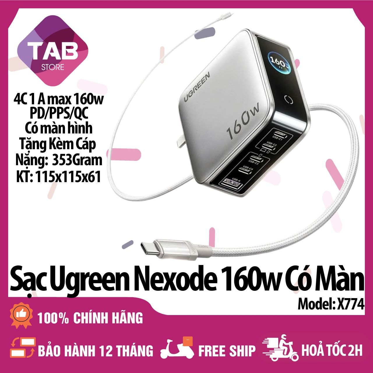 Sạc UGREEN Nexode 160w 5 Cổng 4C1A Có Màn Hình X774 - Bảo Hành 12 Tháng - Bạc