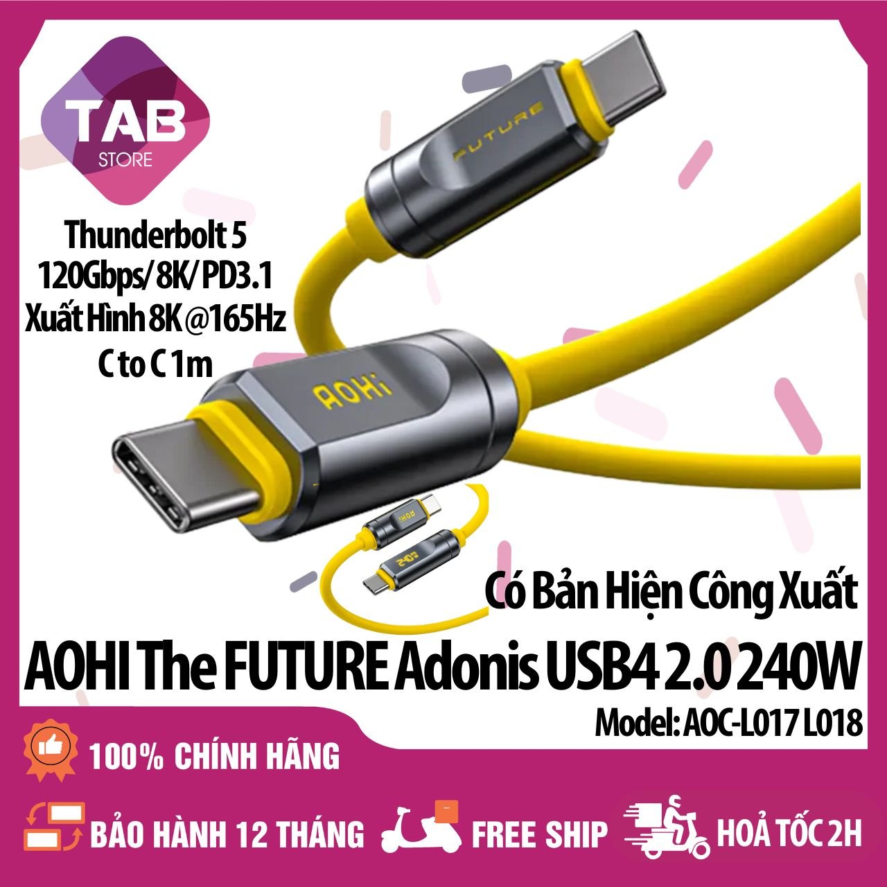 Cáp Aohi THE FUTURE C to C Adonis USB4 2.0 240w 120Gbps/ 8K/ PD3.1/ Thunderbolt 5 - Bảo Hành 12 Tháng ( AOC - L017 L018 )