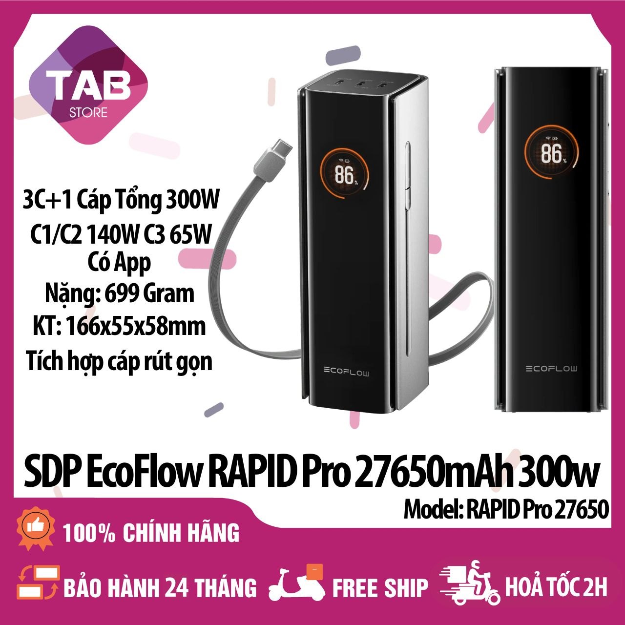 SDP EcoFlow RAPID Pro 27650mAh, 3C+Cáp Tổng 300W, Có Cáp Tích Hợp - Bảo Hành 24 Tháng