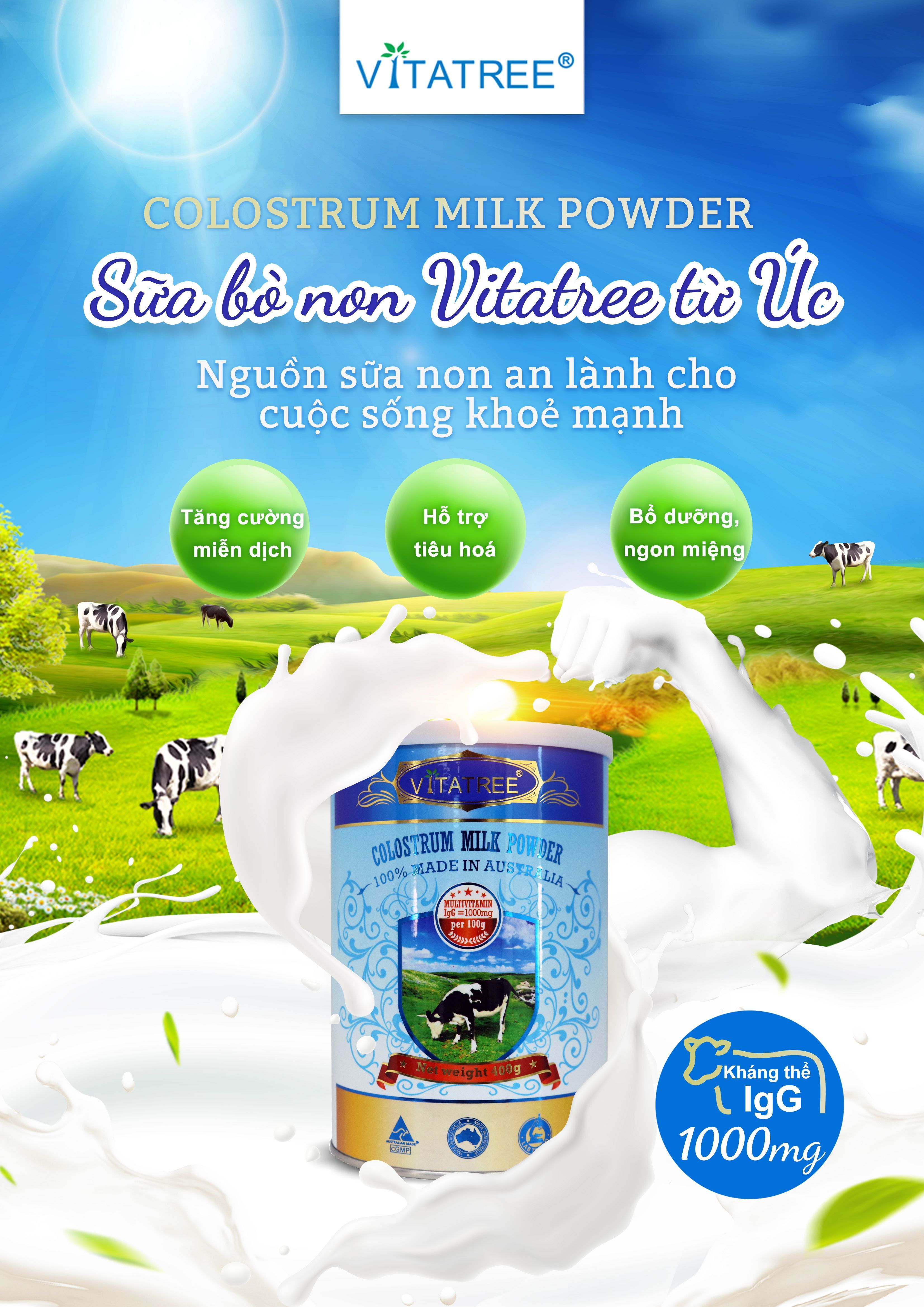 Bột sữa bò non Úc Vitatree Premium Colostrum Powder