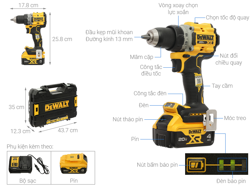 Thân máy khoan, động lực dùng pin 18/20V thế hệ mới Dewalt DCD805NT (Chưa pin, sạc) - CHÍNH HÃNG SKU DCD805 DCD805M2T - 2pin 4.0, sạc
