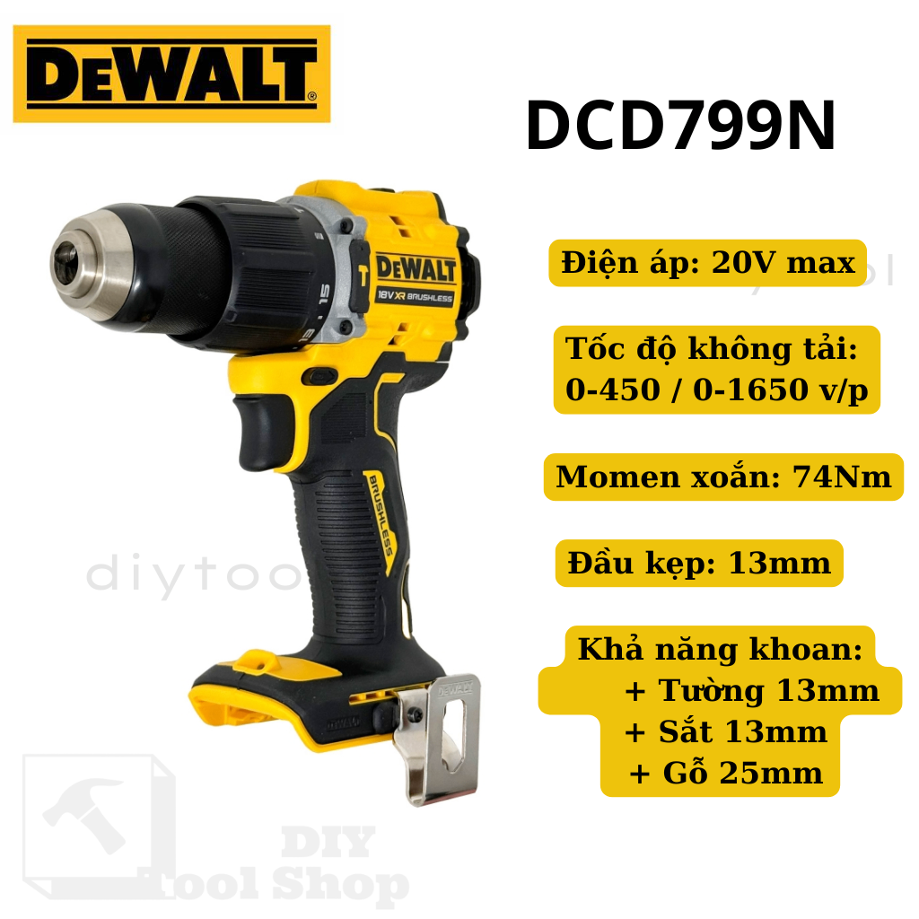 Máy Khoan Búa Vặn Vít Dùng Pin Dewalt DCD799N-B1 – Atomic™ 20V Max, Nhỏ Gọn & Mạnh Mẽ - CHÍNH HÃNG