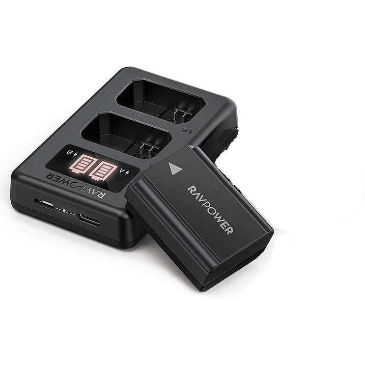 BỘ 1 Pin & Sạc SONY NP-FW50 - RAVPOWER (NEW Dock Sạc Nhanh - Màn Hình Báo Sạc LCD) CHO MÁY SONYNEX 3/5/7, SLT-A, DSC-RX10, Alpha A6000, A6300, A6400, A6500, A7, A7 II
