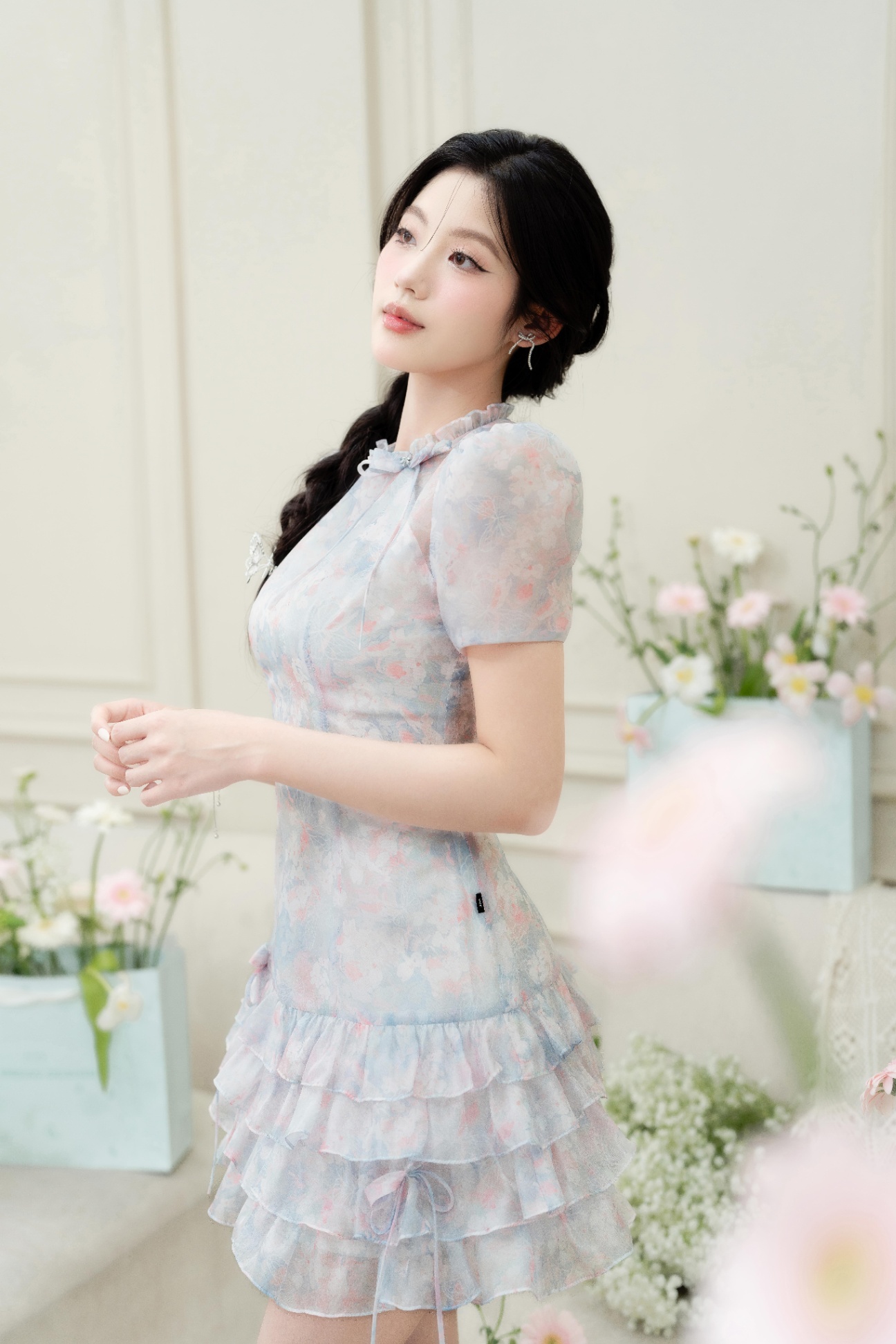 Đầm cổ tròn bèo nhún 4 tầng