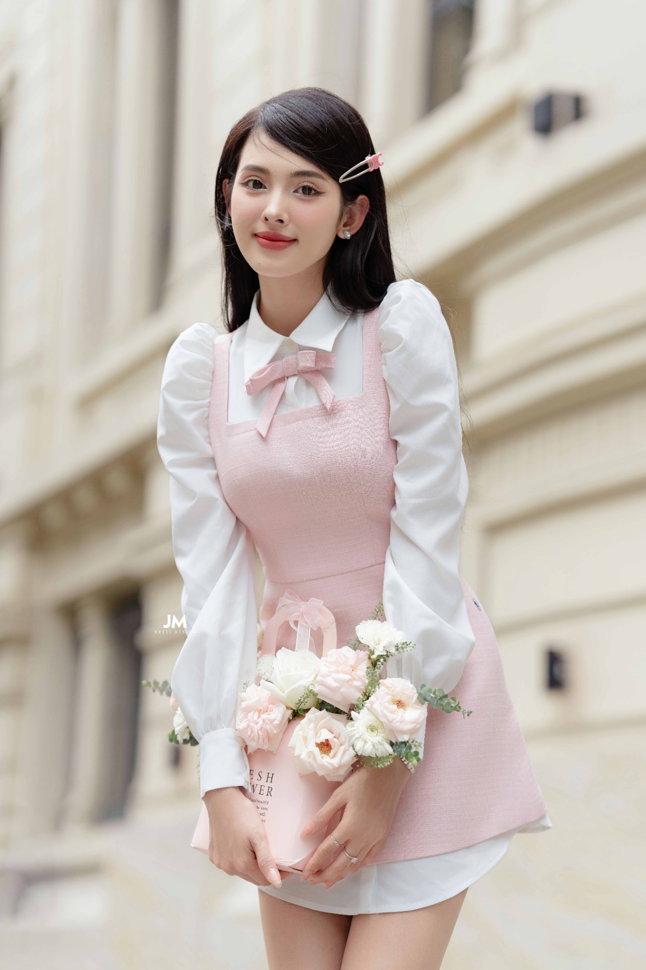 Đầm cổ U phối sơ mi poplin đai eo