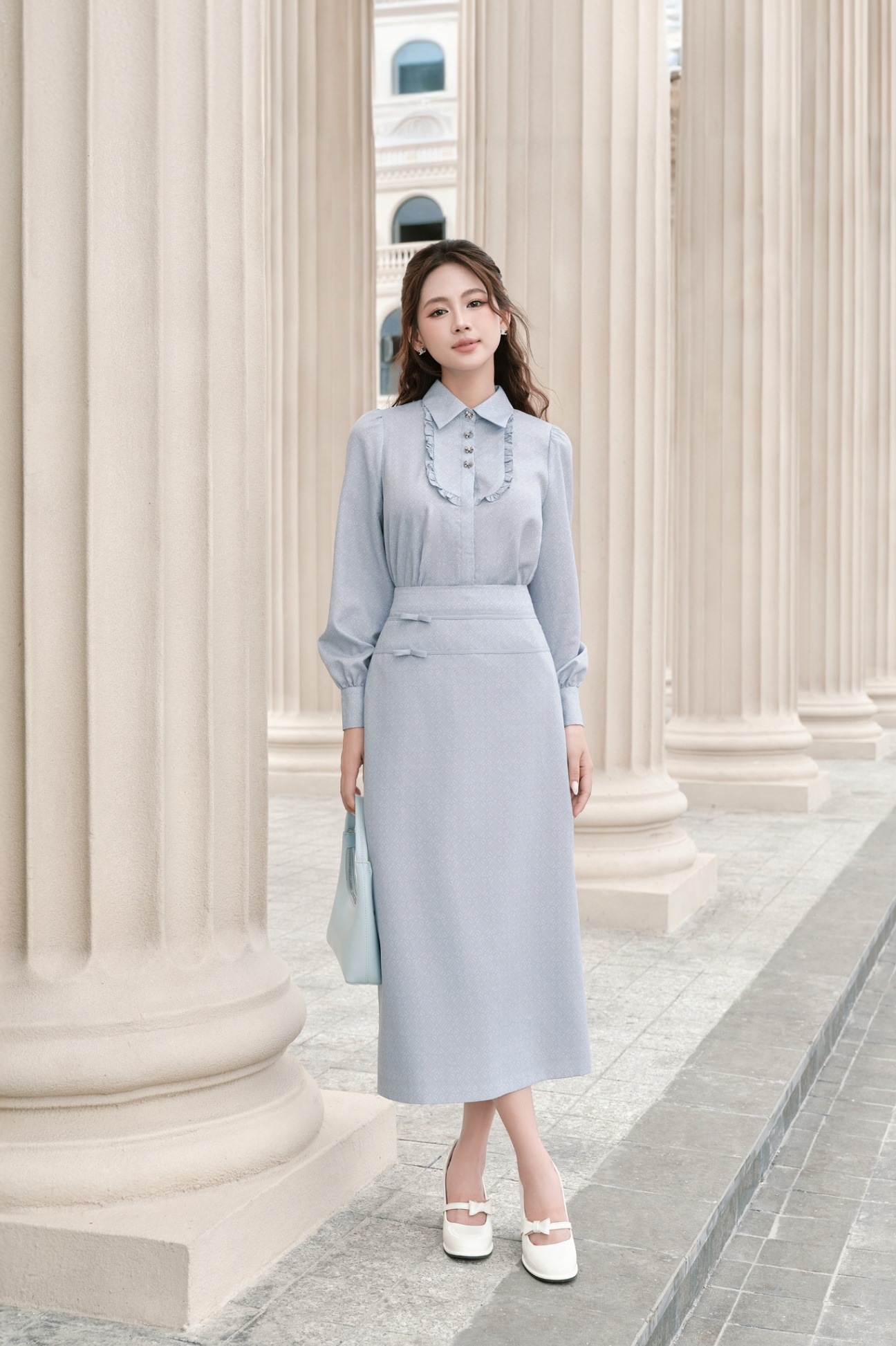Chân váy đổ cạp đính nơ