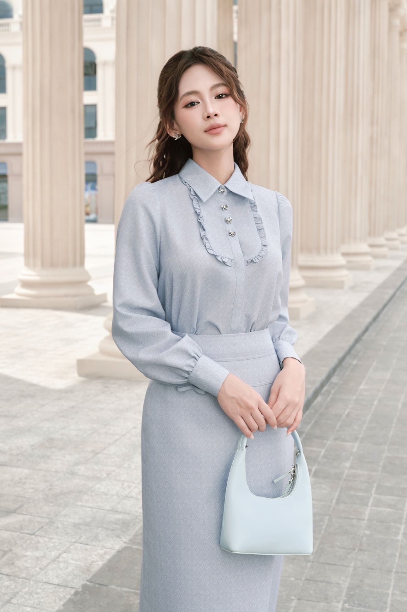 Sơ mi cổ đức 1 hàng cúc phối bèo