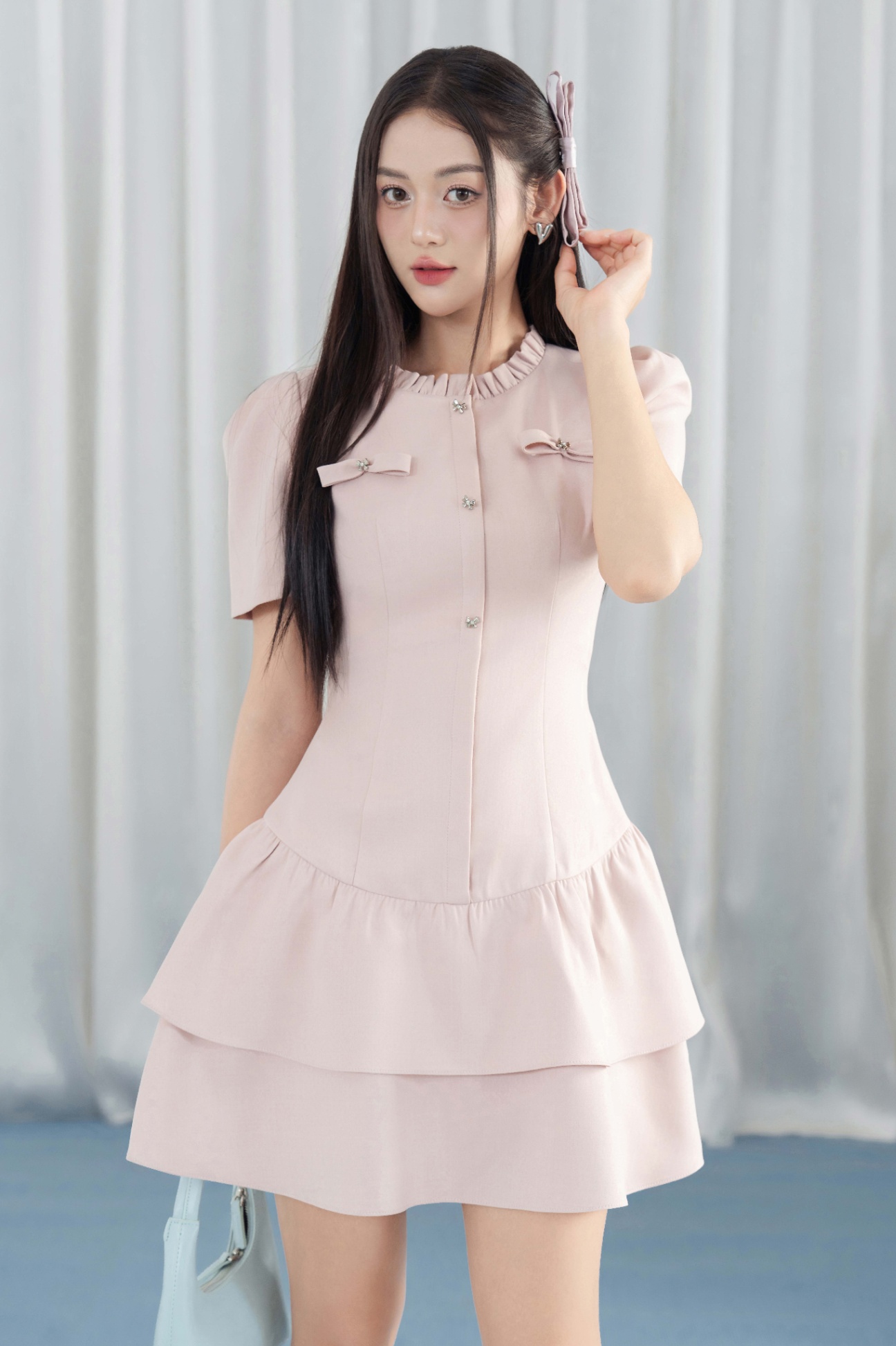 Đầm 2 nơ ngực tay bồng chân 2 tầng
