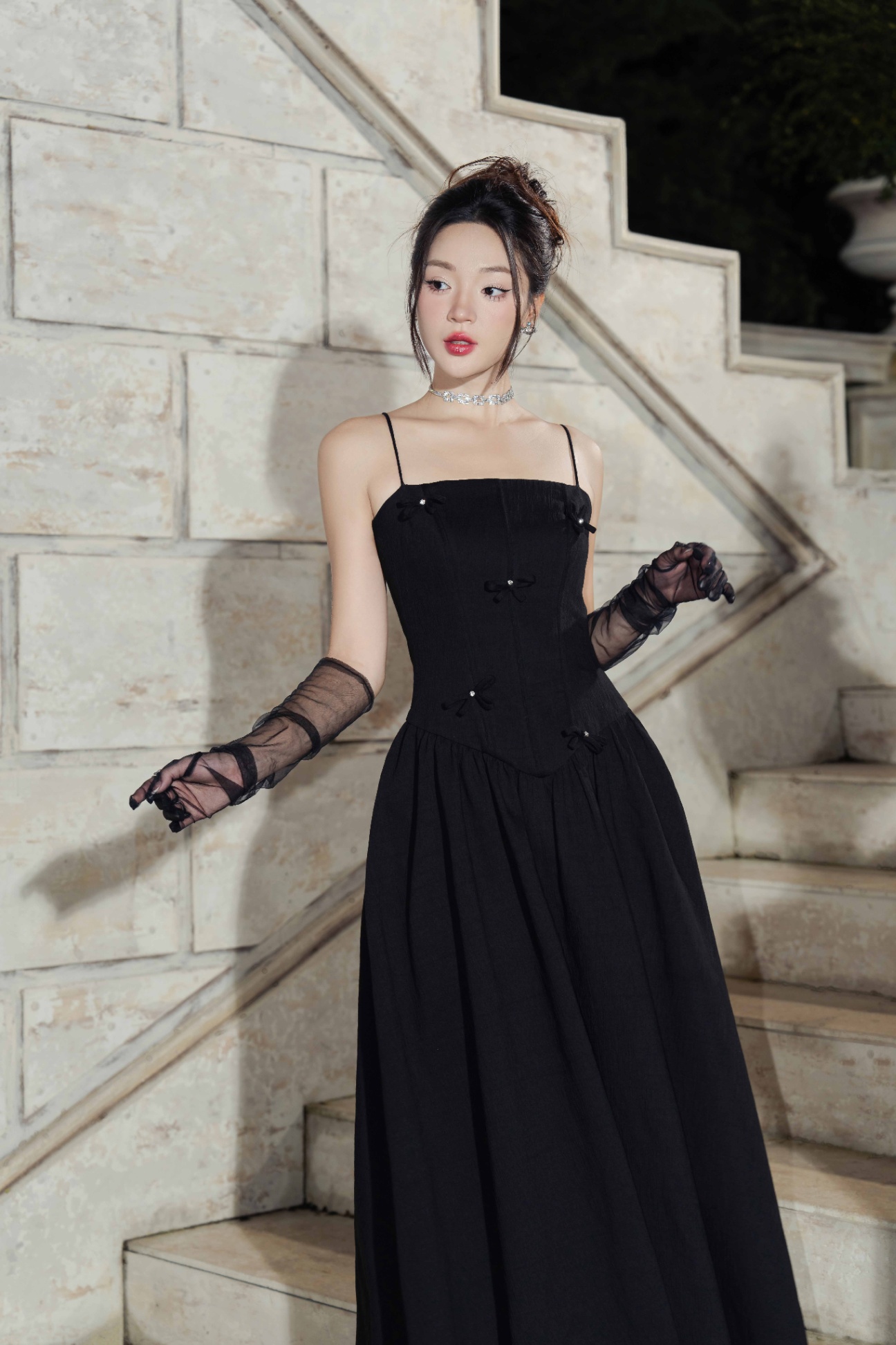 Đầm 2 dây đè coset nơ, nhún dây