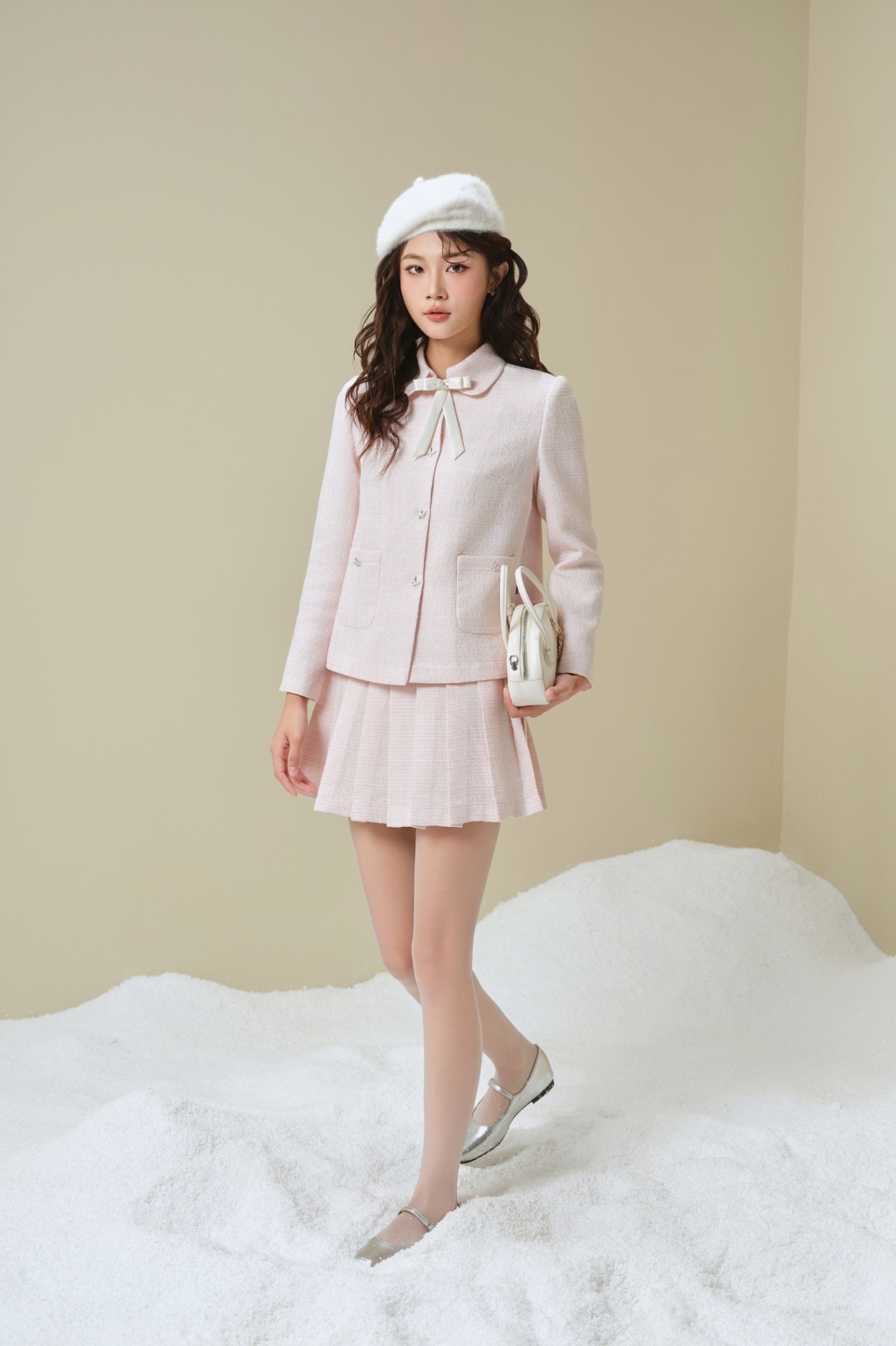 Chân váy tweed xếp ly 2 cạp