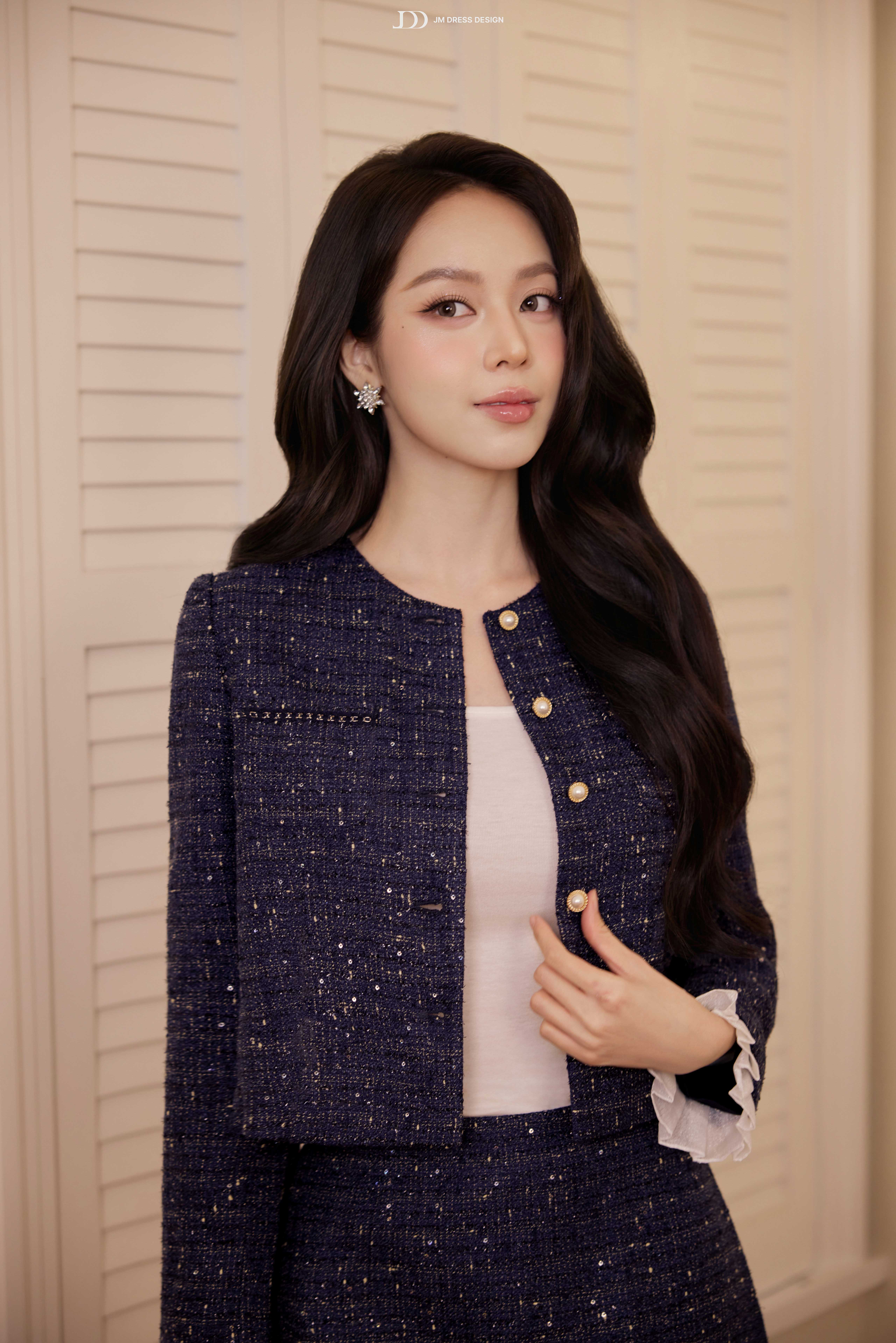 Áo khoác tweed cổ tròn túi ốp