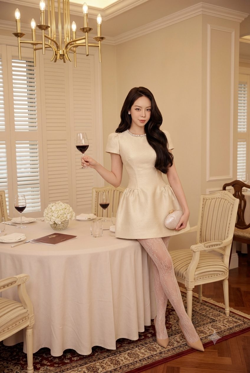 Đầm Party cổ tròn, chân nhún