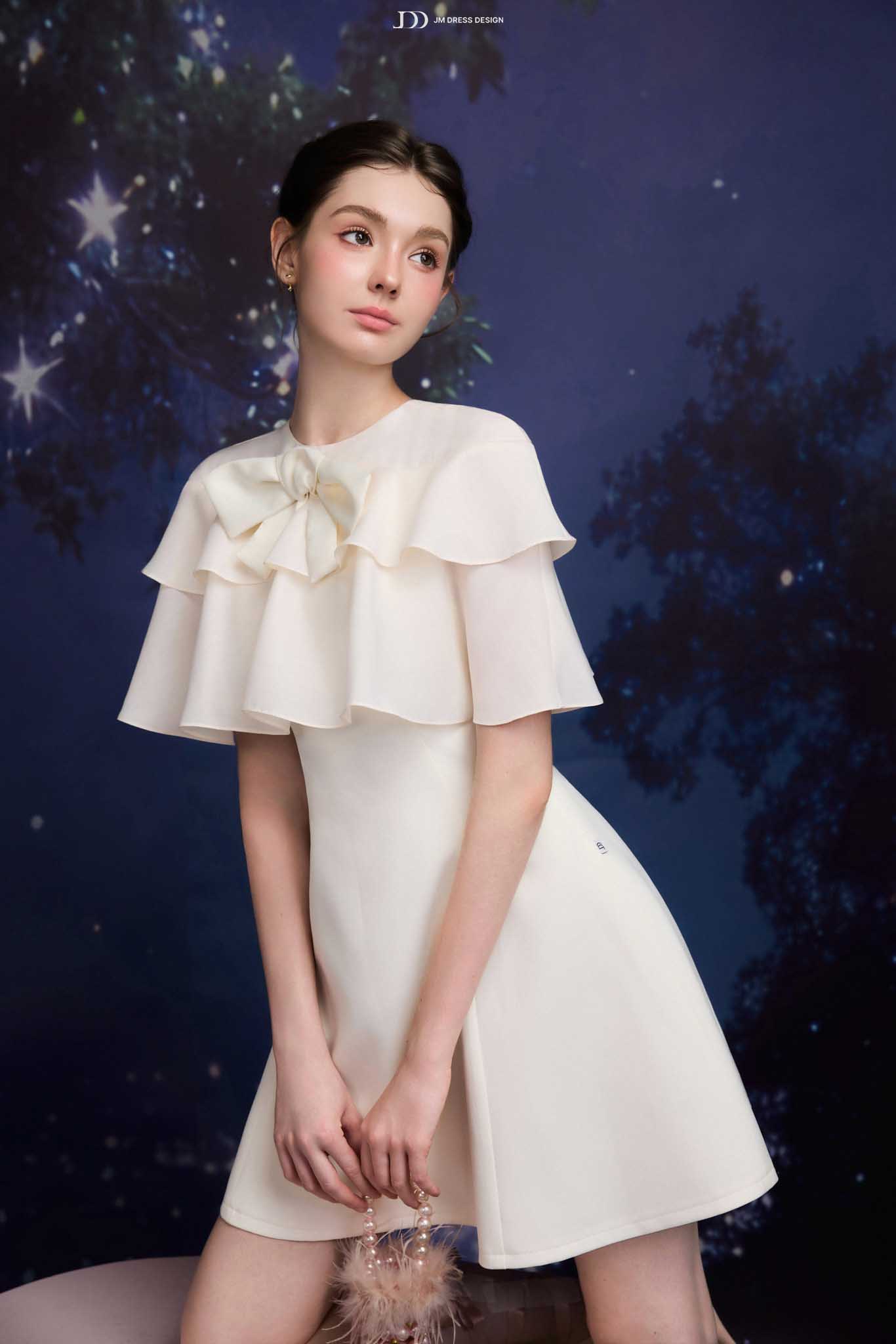 Đầm Xuân Hè cape 2 tầng đổ, đính nơ