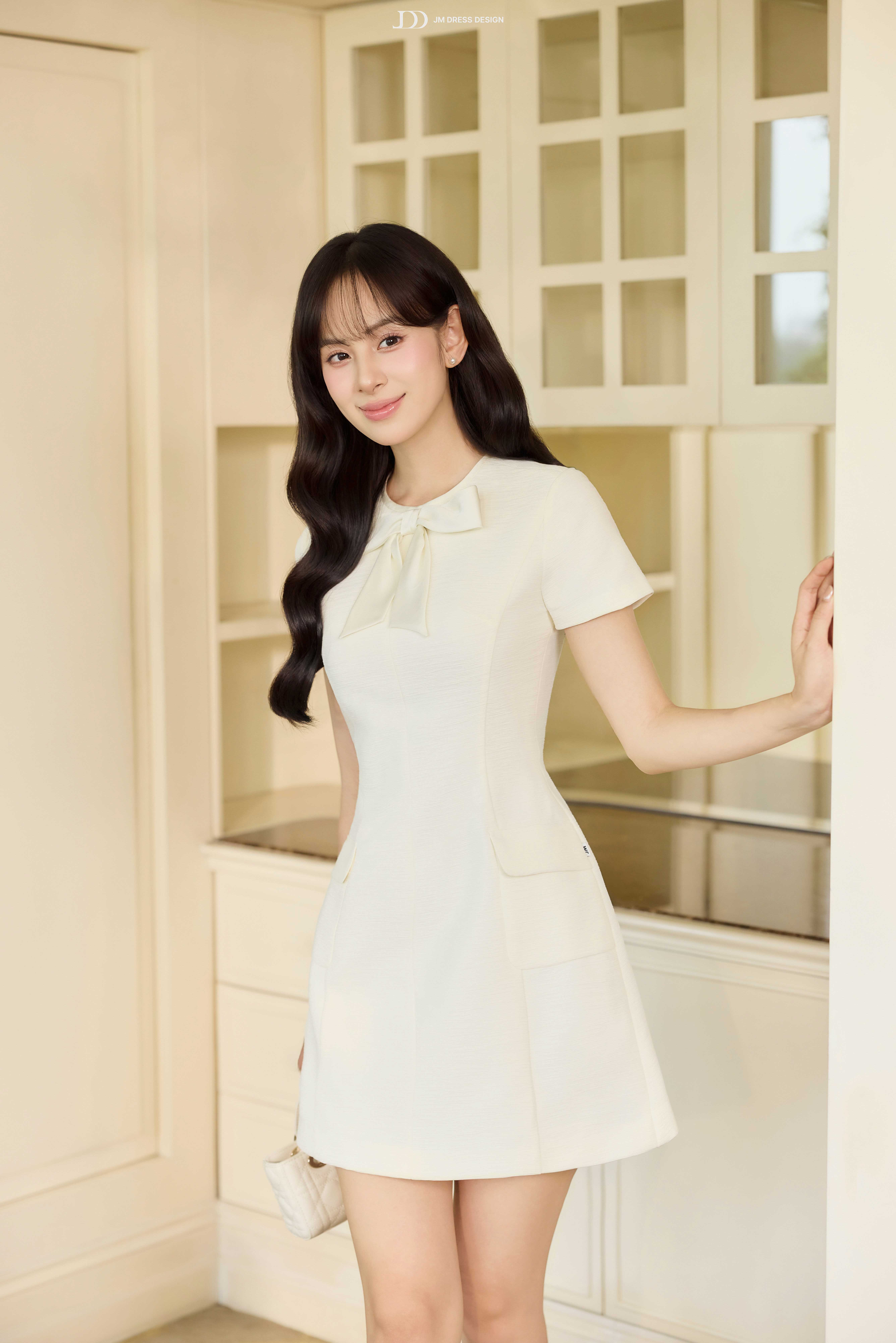 Đầm Xuân Hè dáng A nơ cổ 2 túi ốp