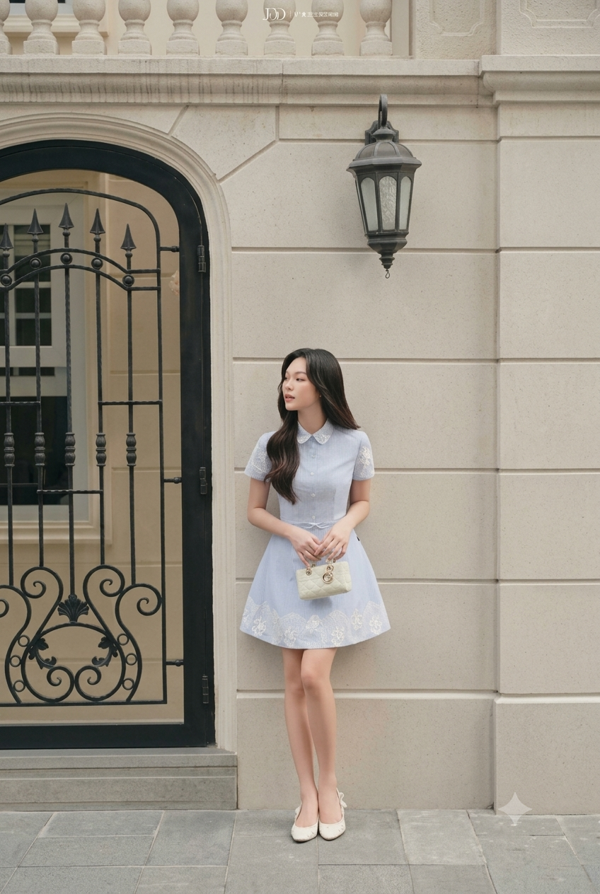 Đầm ngắn tay cổ sen phối ren chân