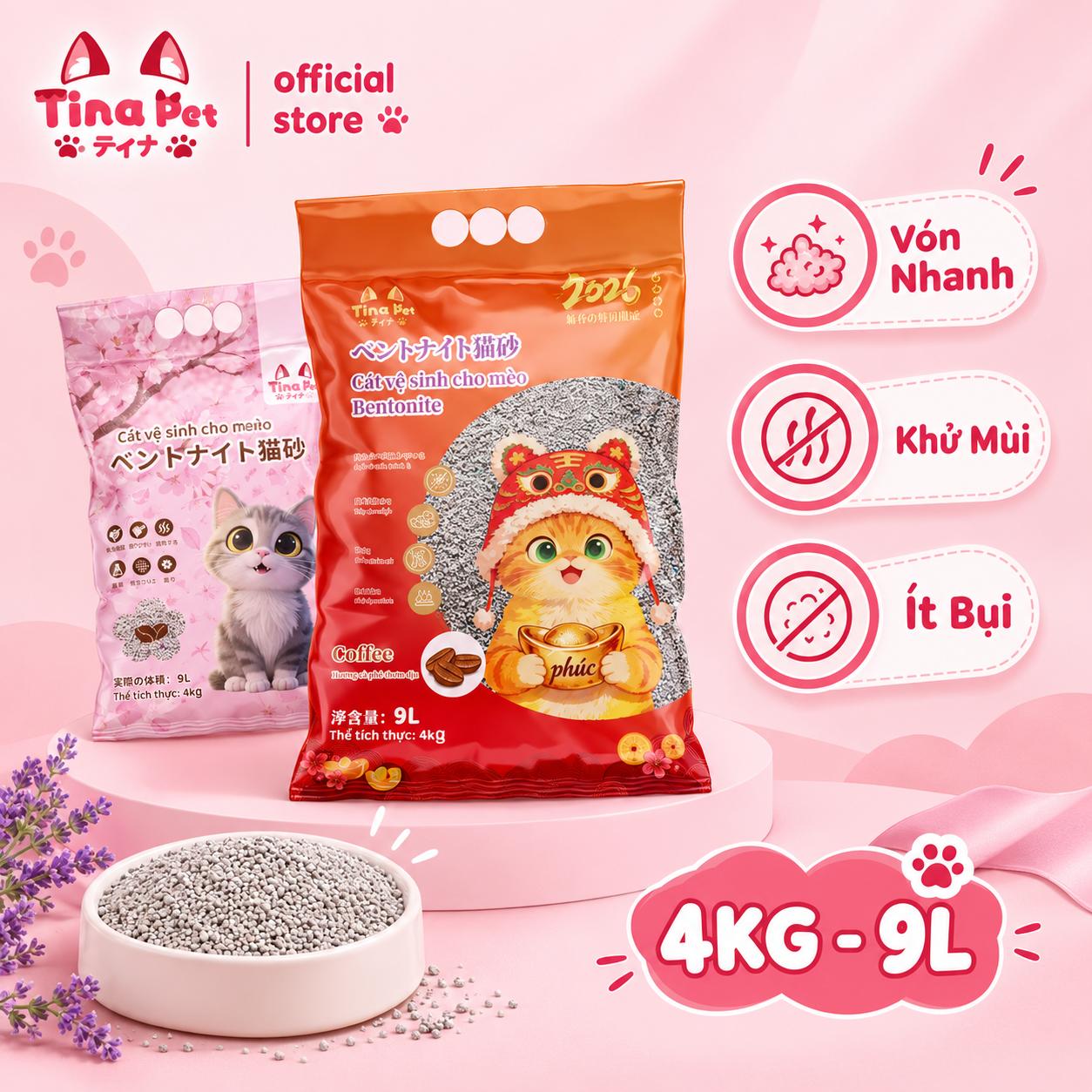 [9L-4kg] Cát đất sét cao cấp cho mèo ít bụi Tina Pet | Phiên bản có mùi
