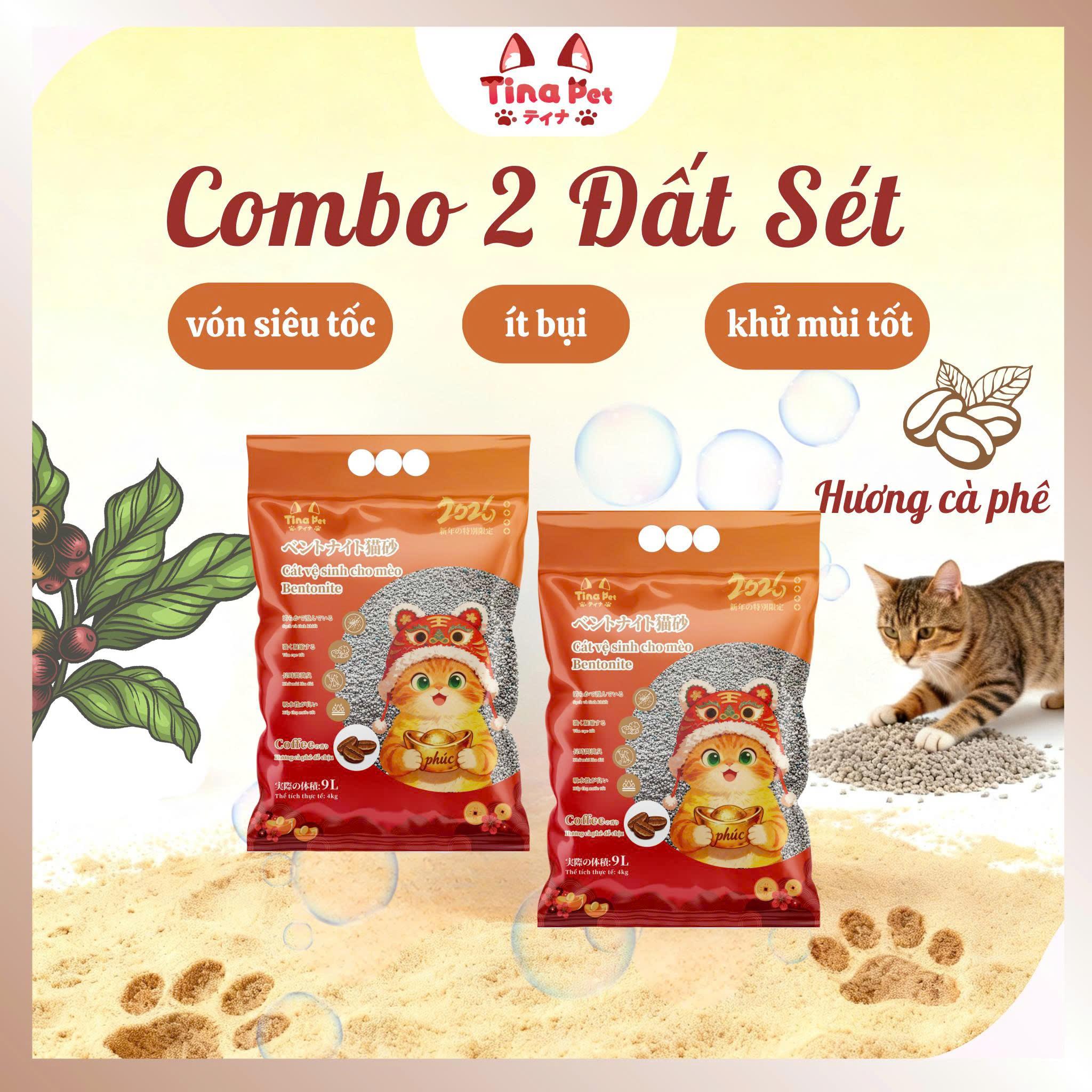 [Combo 2 Túi] Cát đất sét cao cấp cho mèo ít bụi Tina Pet 9L-4kg | Phiên bản có mùi