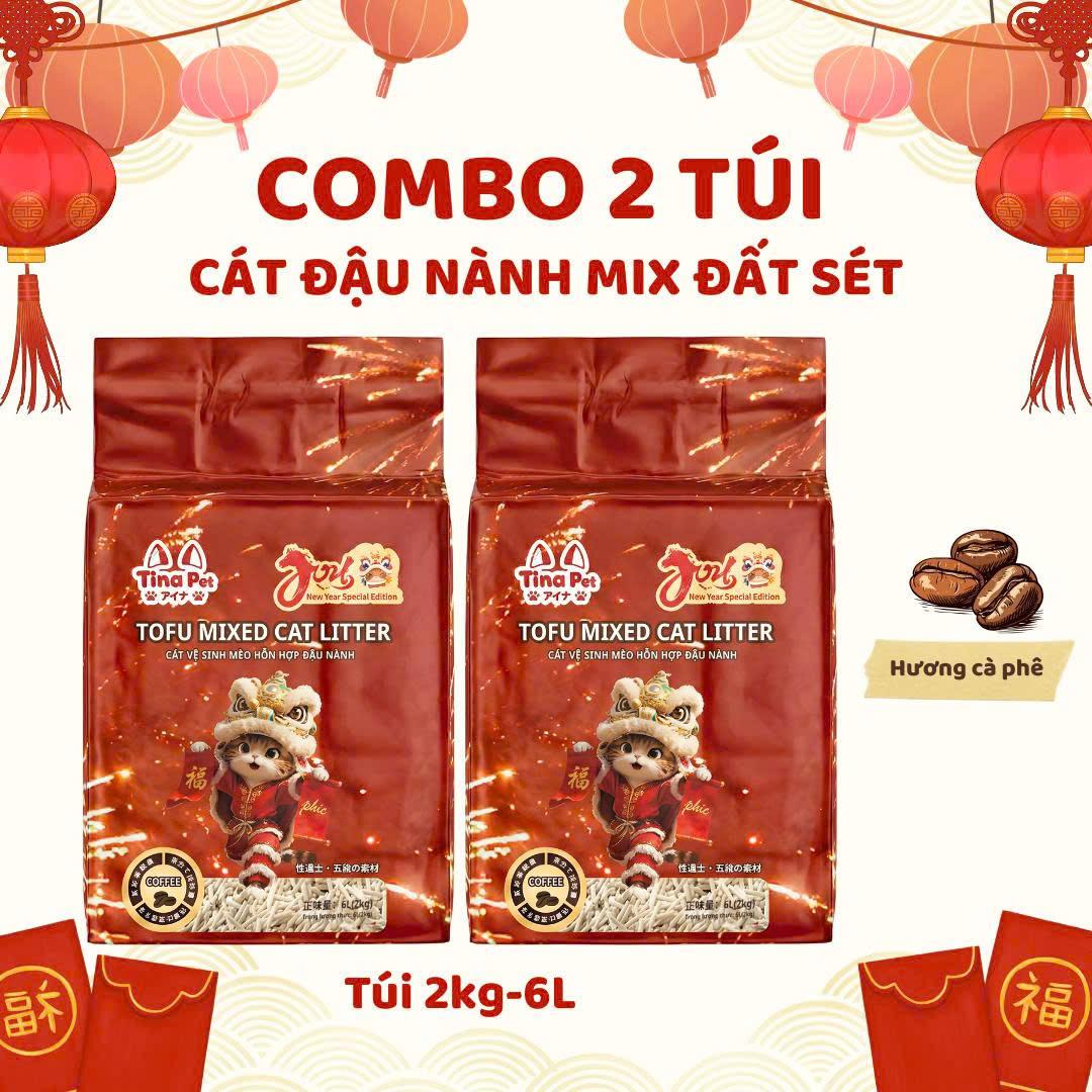 [Combo 2 Túi] Cát đậu nành mix đất sét cao cấp cho mèo ít bụi Tina Pet 6L-2kg
