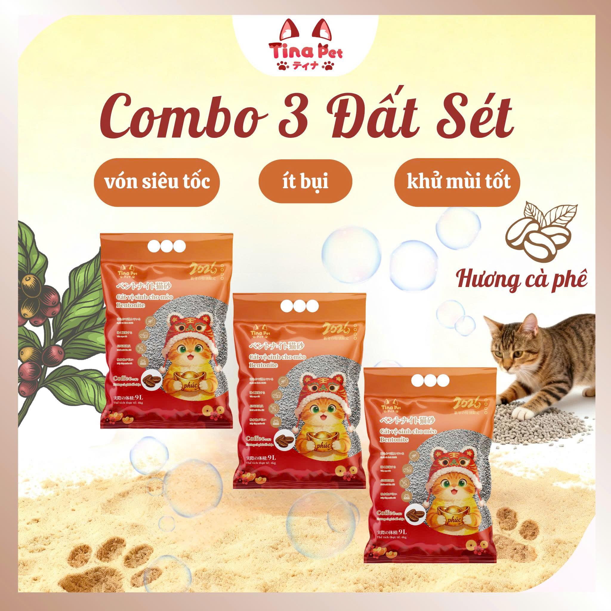 [Combo 3 Túi] Cát đất sét cao cấp cho mèo ít bụi Tina Pet 9L-4kg | Phiên bản có mùi
