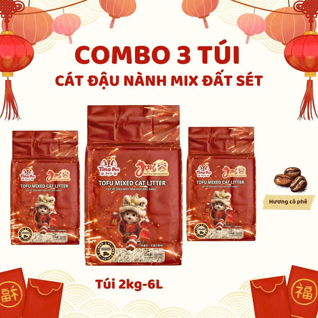 [Combo 3 Túi] Cát đậu nành mix đất sét cao cấp cho mèo ít bụi Tina Pet 6L-2kg