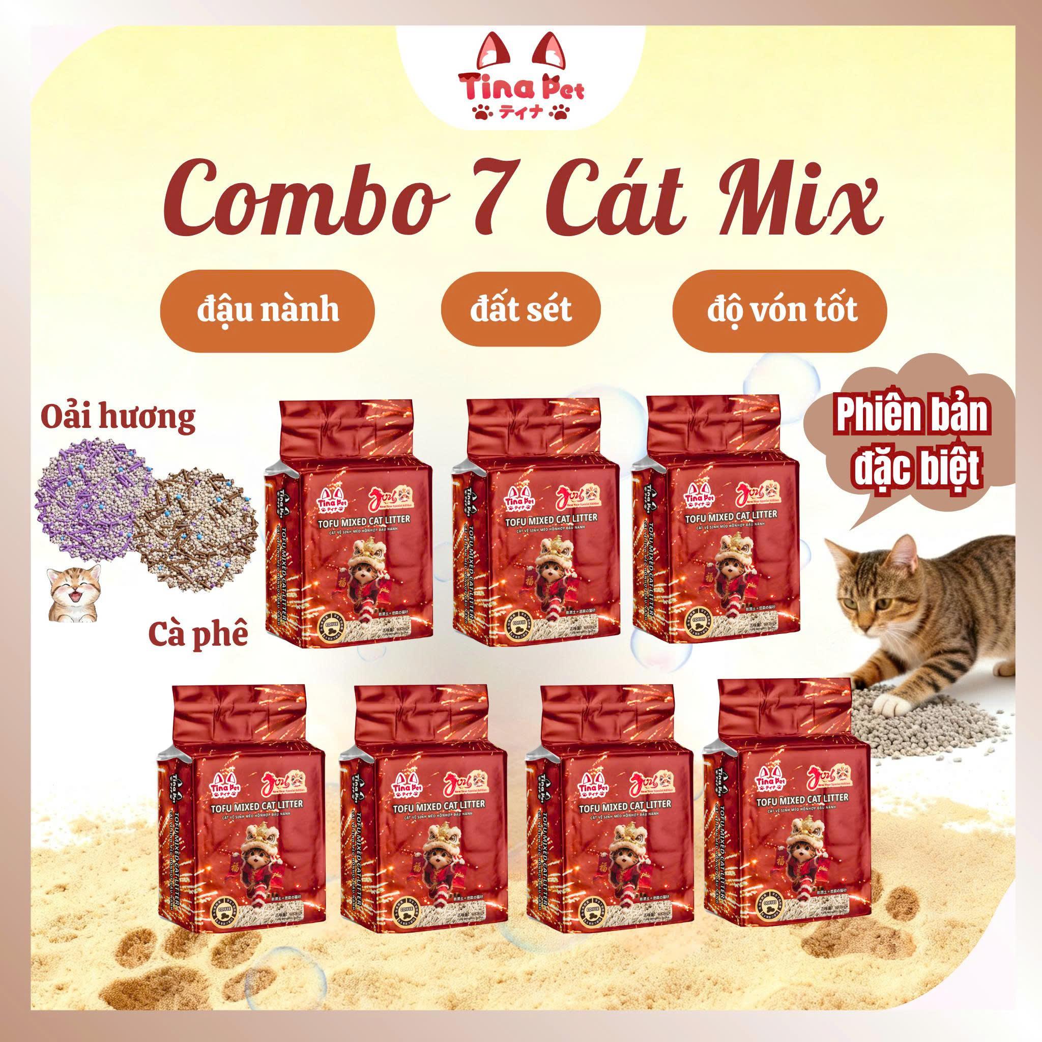 [Combo 7 Túi] Cát đậu nành mix đất sét cao cấp cho mèo ít bụi Tina Pet 6L-2kg