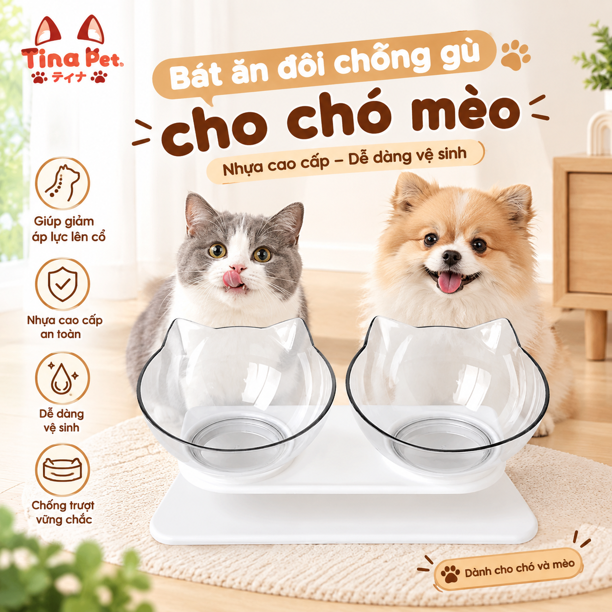 Bát ăn chống gù đôi cho mèo TINA PET