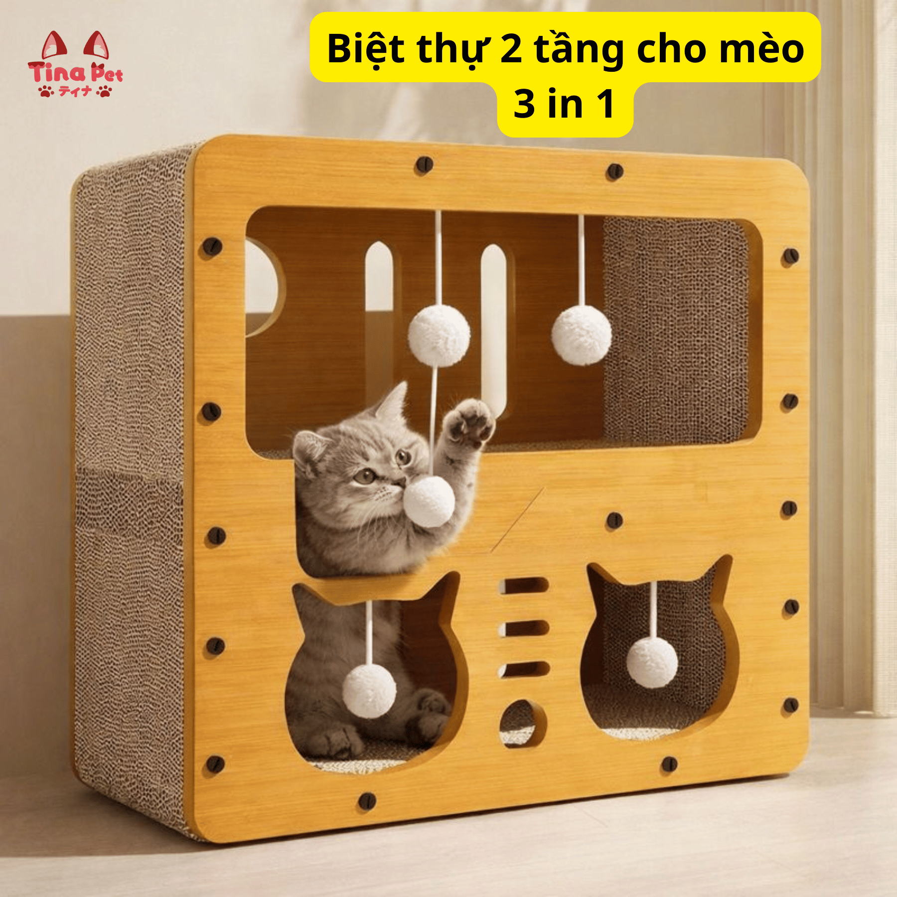 Biệt Thự Cào Móng Mèo 2 Tầng TINA PET - Vui Chơi & Nghỉ Ngơi