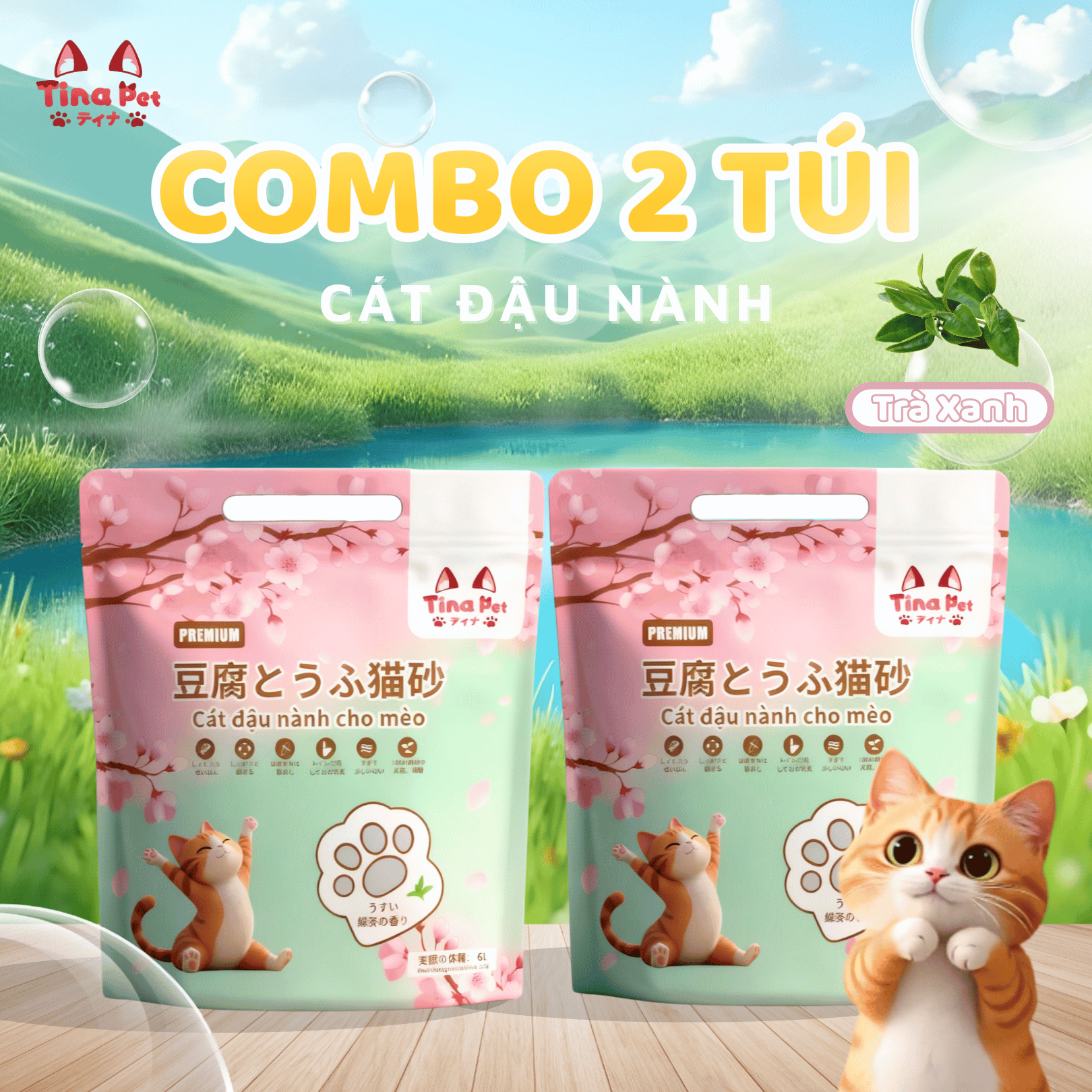 COMBO 2 Cát đậu nành cao cấp TINA PET 6L- 2kg | Mùi trà xanh, hữu cơ tự nhiên