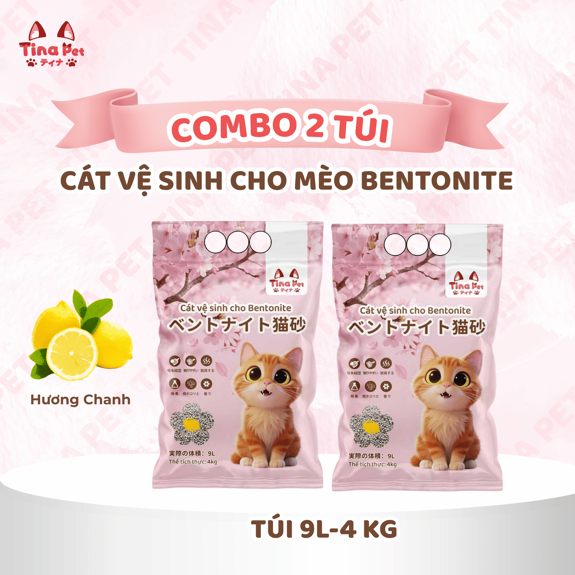 COMBO 2 Cát vệ sinh, cát đất sét cho mèo | MÙI CHANH | TINA PET