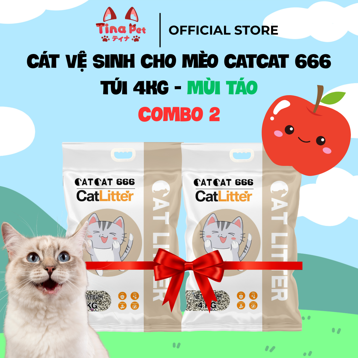 COMBO 2 Cát vệ sinh, cát đất sét cho mèo | MÙI TÁO | TINA PET
