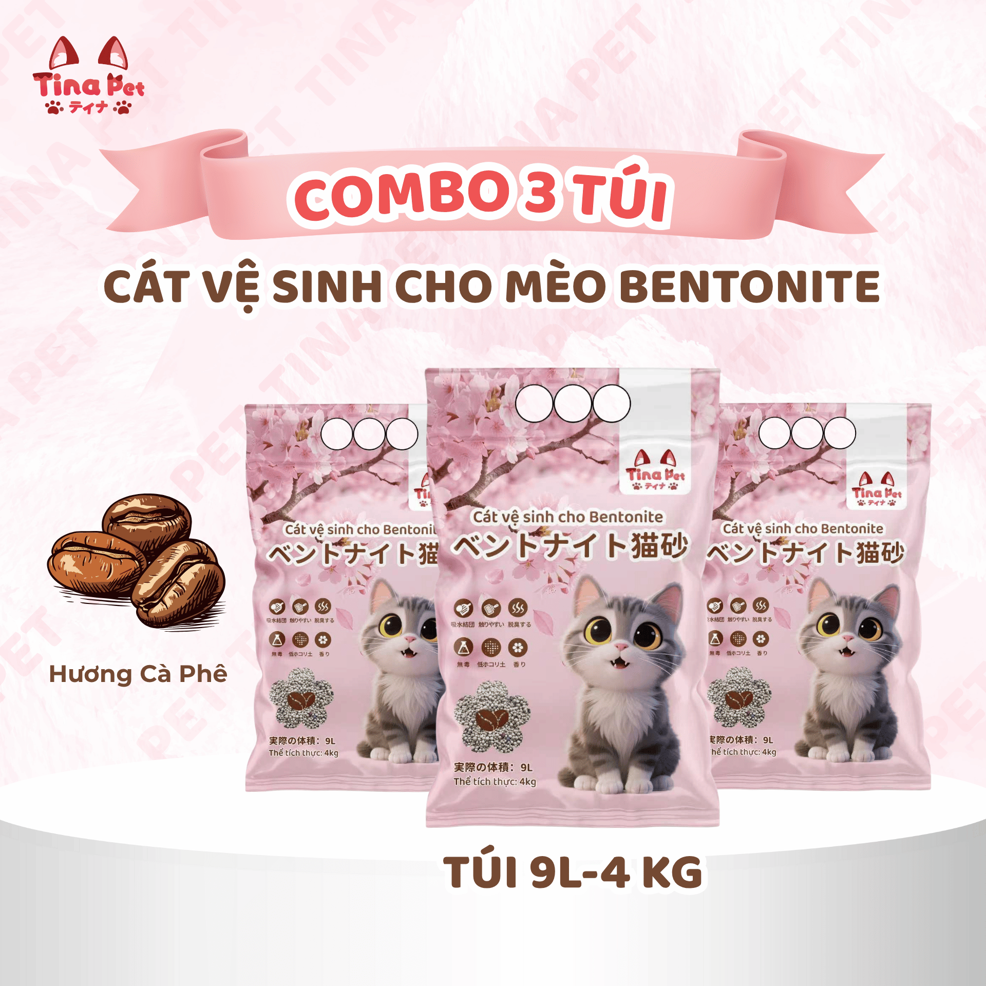 COMBO 3 Cát vệ sinh, cát đất sét cho mèo | MÙI CÀ PHÊ | TINA PET