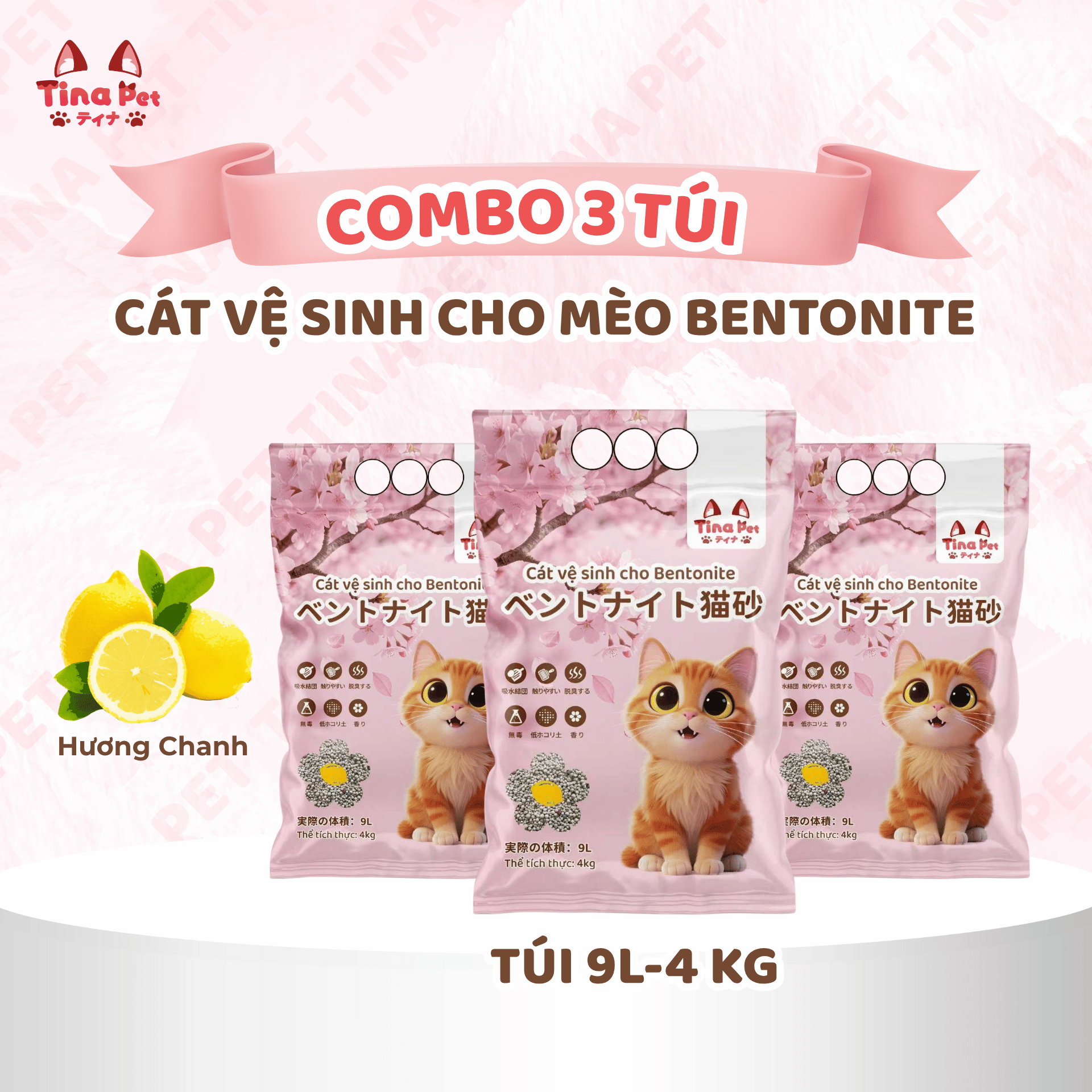COMBO 3 Cát vệ sinh, cát đất sét cho mèo | MÙI CHANH | TINA PET