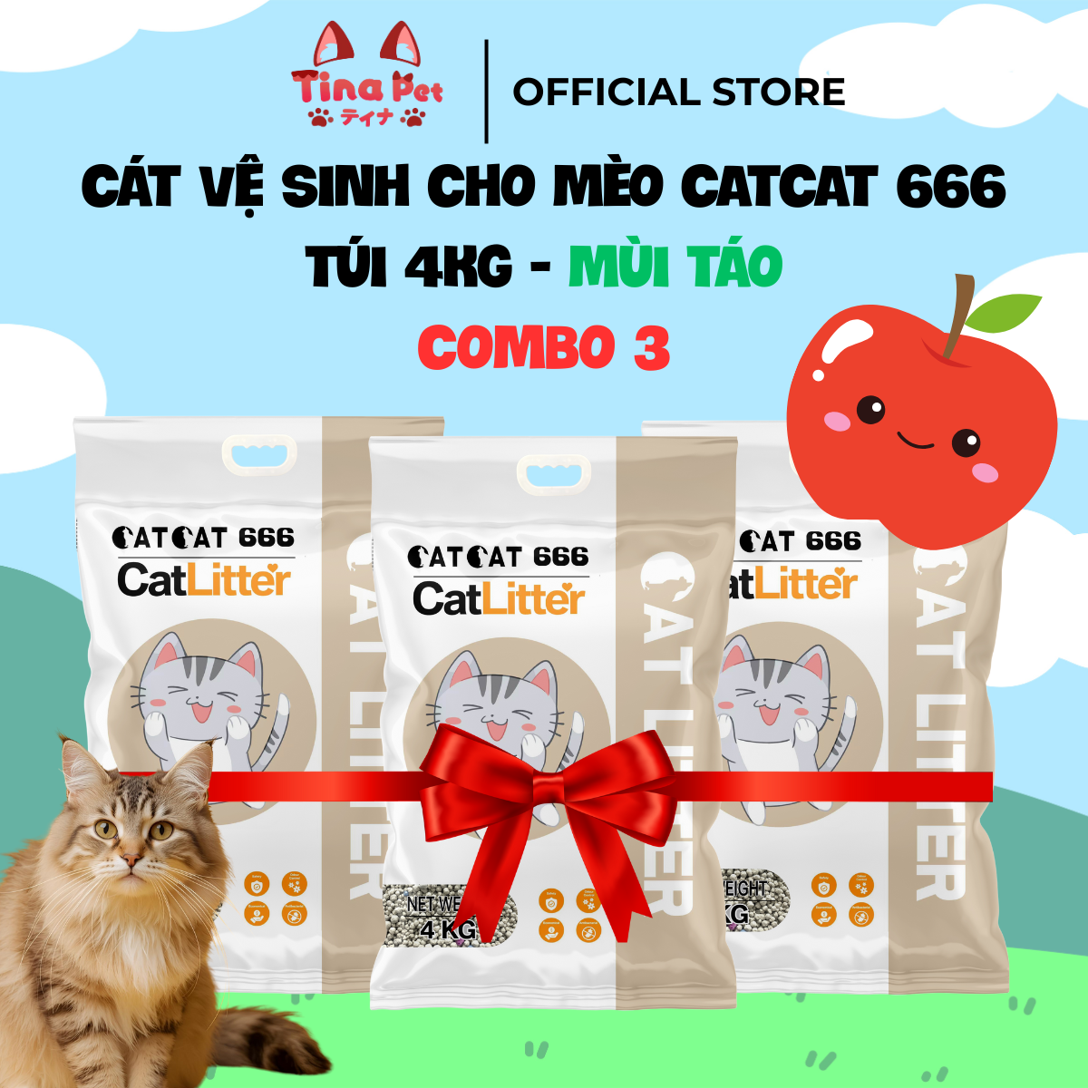 COMBO 3 Cát vệ sinh, cát đất sét cho mèo | MÙI TÁO | TINA PET