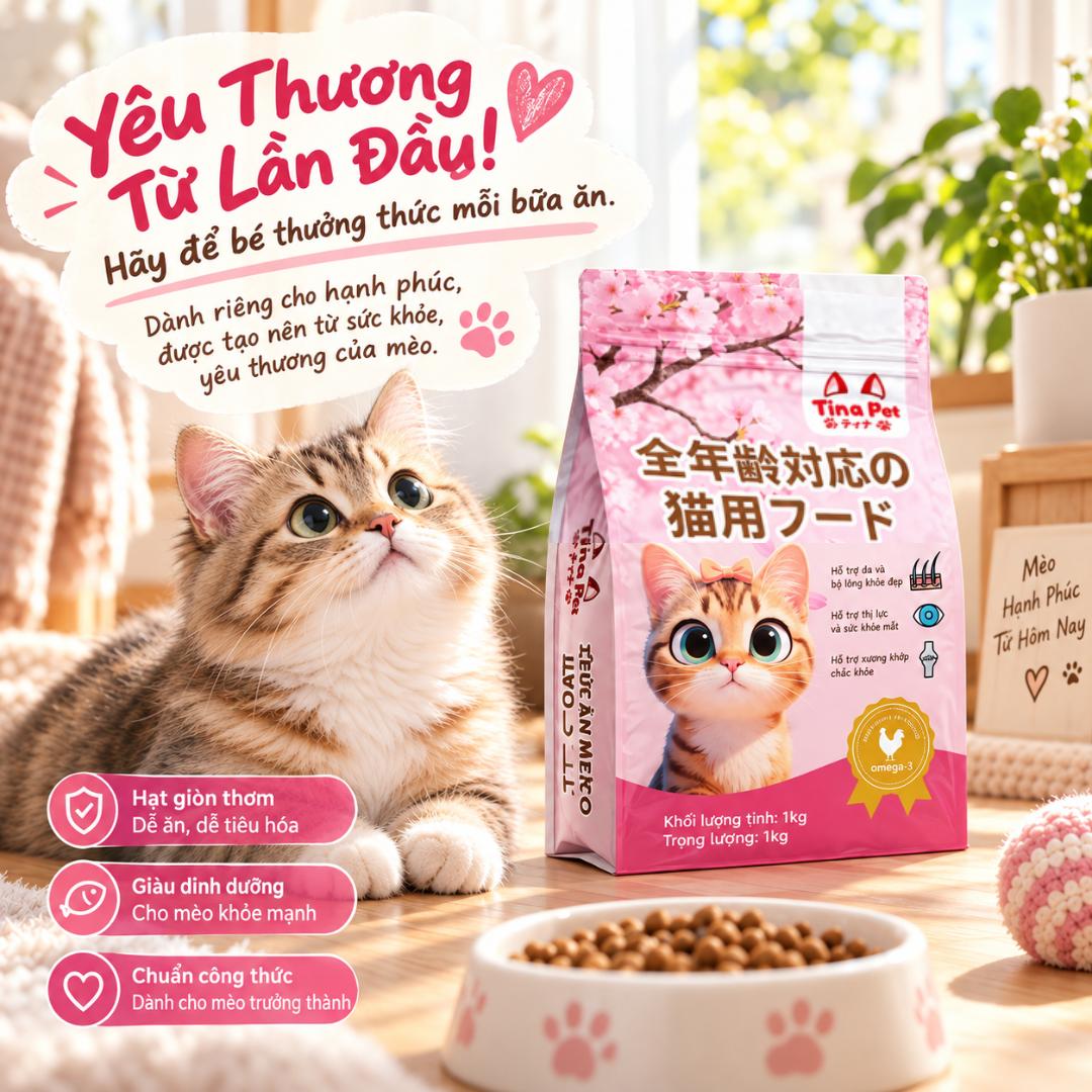 Hạt Thức Ăn Vị Gà Cho Mèo 1kg TINA PET | Công Thức Dinh Dưỡng Bổ Sung Omega 3, Canxi & Khoáng Chất