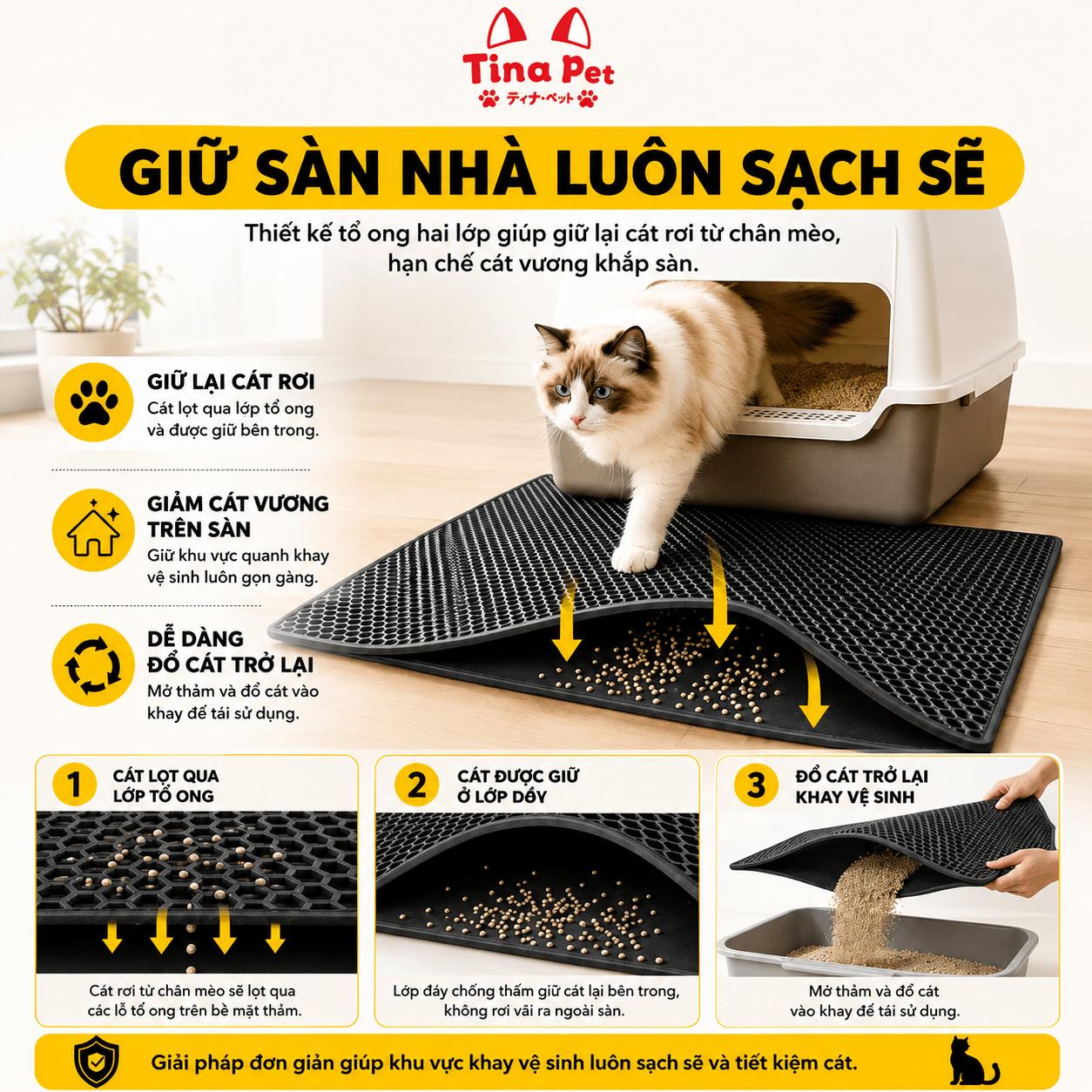 Thảm cát vệ sinh cho mèo hai lớp, hạn chế vương vãi cát, hưng cát dính chân mèo có thể giặt, chống trượt Tina Pet - Kích thước 75x55cm - Size XL