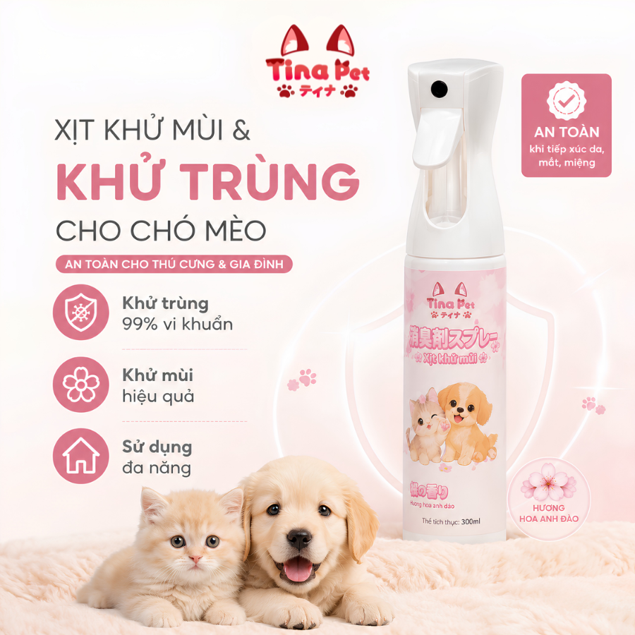 Chai xịt khử khuẩn khử mùi cho chó mèo 300ml Tina Pet - Hương anh đào