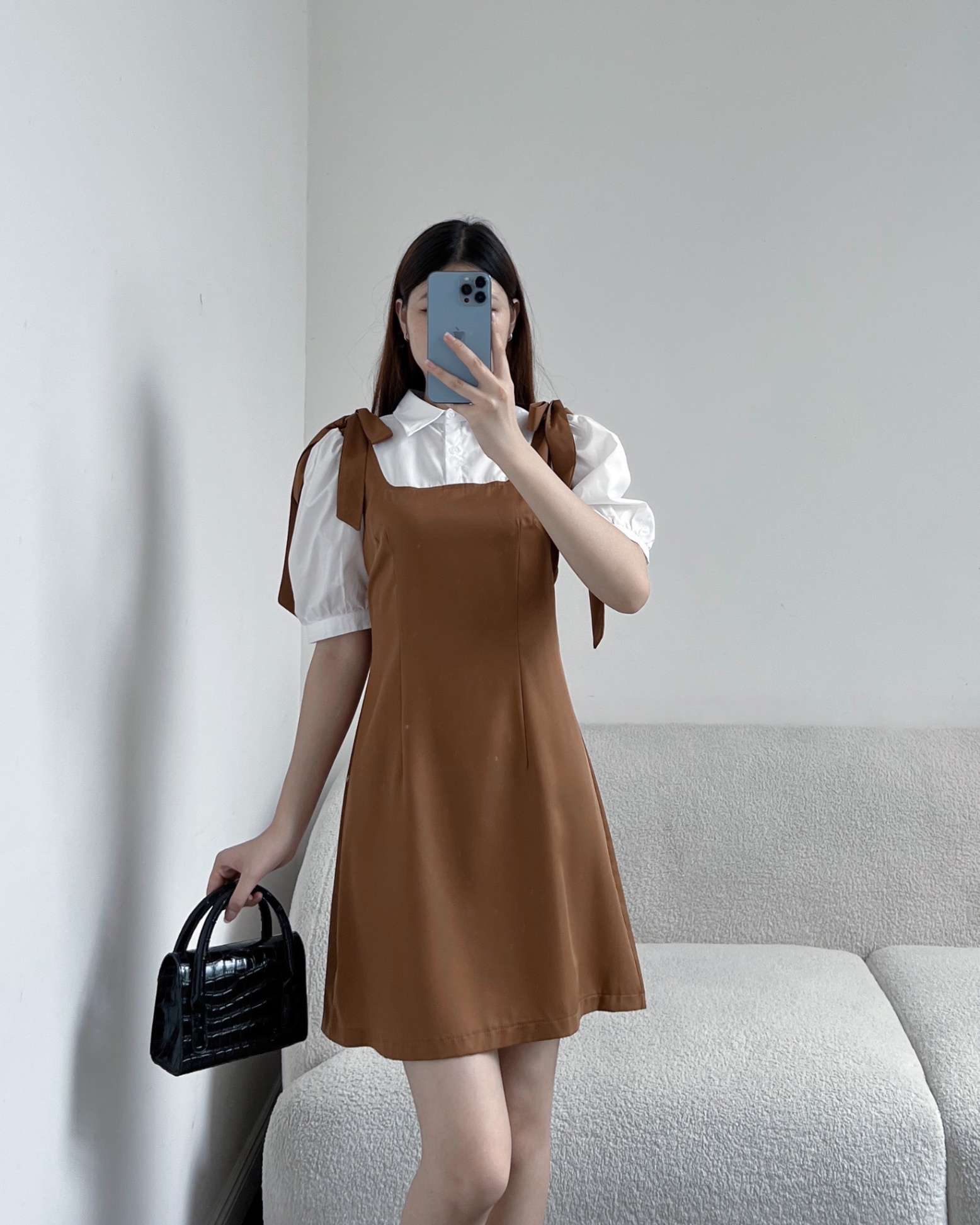 Đầm dáng xoè-Váy tiểu thư dáng dài buộc nơ cổ phối tay voan chất dạ nhung  h2shop | Shopee Việt Nam