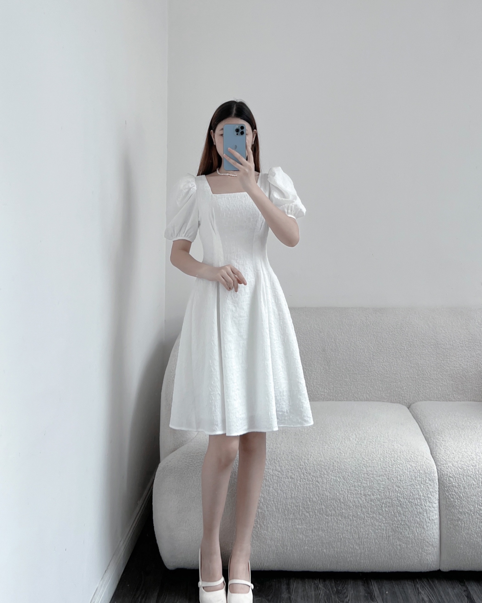Váy babydoll trắng cổ vuông tay bồng dáng rộng, Đầm xòe nữ tiểu thư dáng  ngắn phong cách hàn quốc ulzzang, Váy xòe bồng chất thô mềm dễ thương cute  phong cách