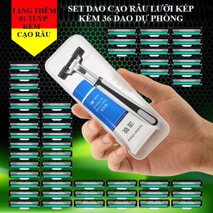 Set Dao Cạo Râu 36 Lưỡi Kép Kèm Bàn Cạo Tặng Kèm 1 Tuýp Kem Cạo Râu - bàn cạo+lưỡi+kem
