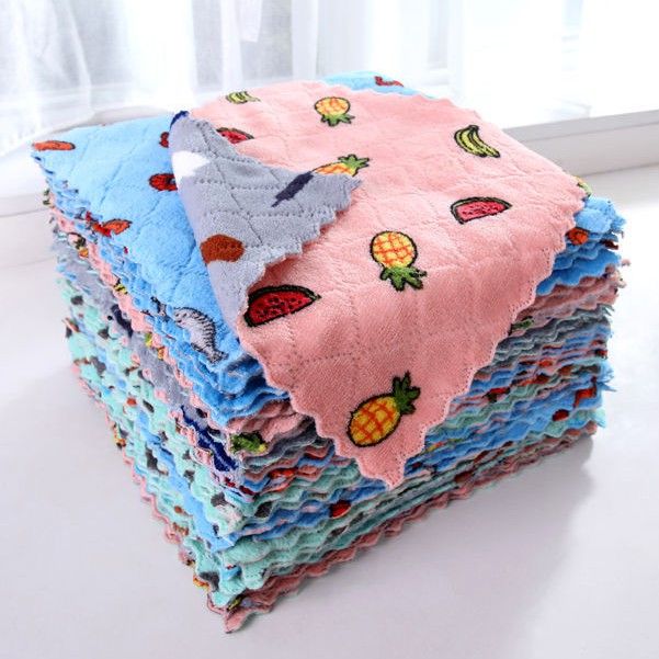 Set 10 Khăn Lau 2 Mặt Họa Tiết Hoa Quả 25x25cm Siêu Thấm Hút Nước - Khăn Lau Lông Cừu San Hô Siêu Thấm - 1 set 10 cái