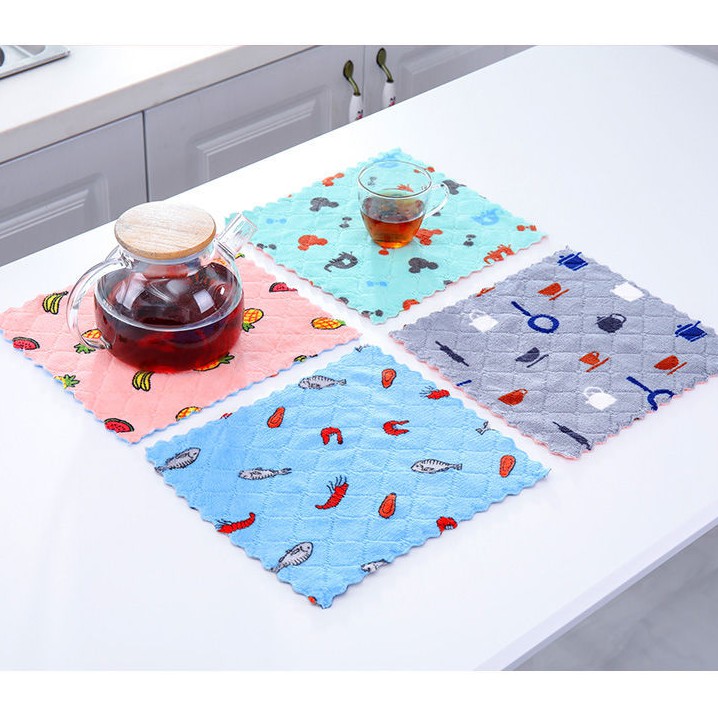 Set 10 Khăn Lau 2 Mặt Họa Tiết Hoa Quả 25x25cm Siêu Thấm Hút Nước - Khăn Lau Lông Cừu San Hô Siêu Thấm - 1 set 10 cái