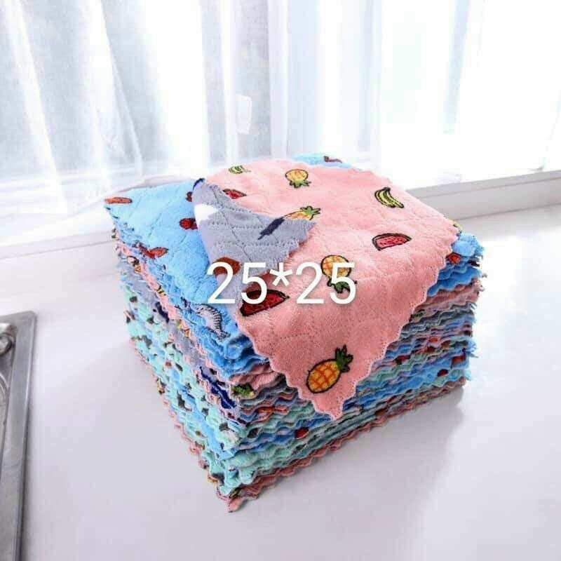 Set 10 Khăn Lau 2 Mặt Họa Tiết Hoa Quả 25x25cm Siêu Thấm Hút Nước - Khăn Lau Lông Cừu San Hô Siêu Thấm - 1 set 10 cái